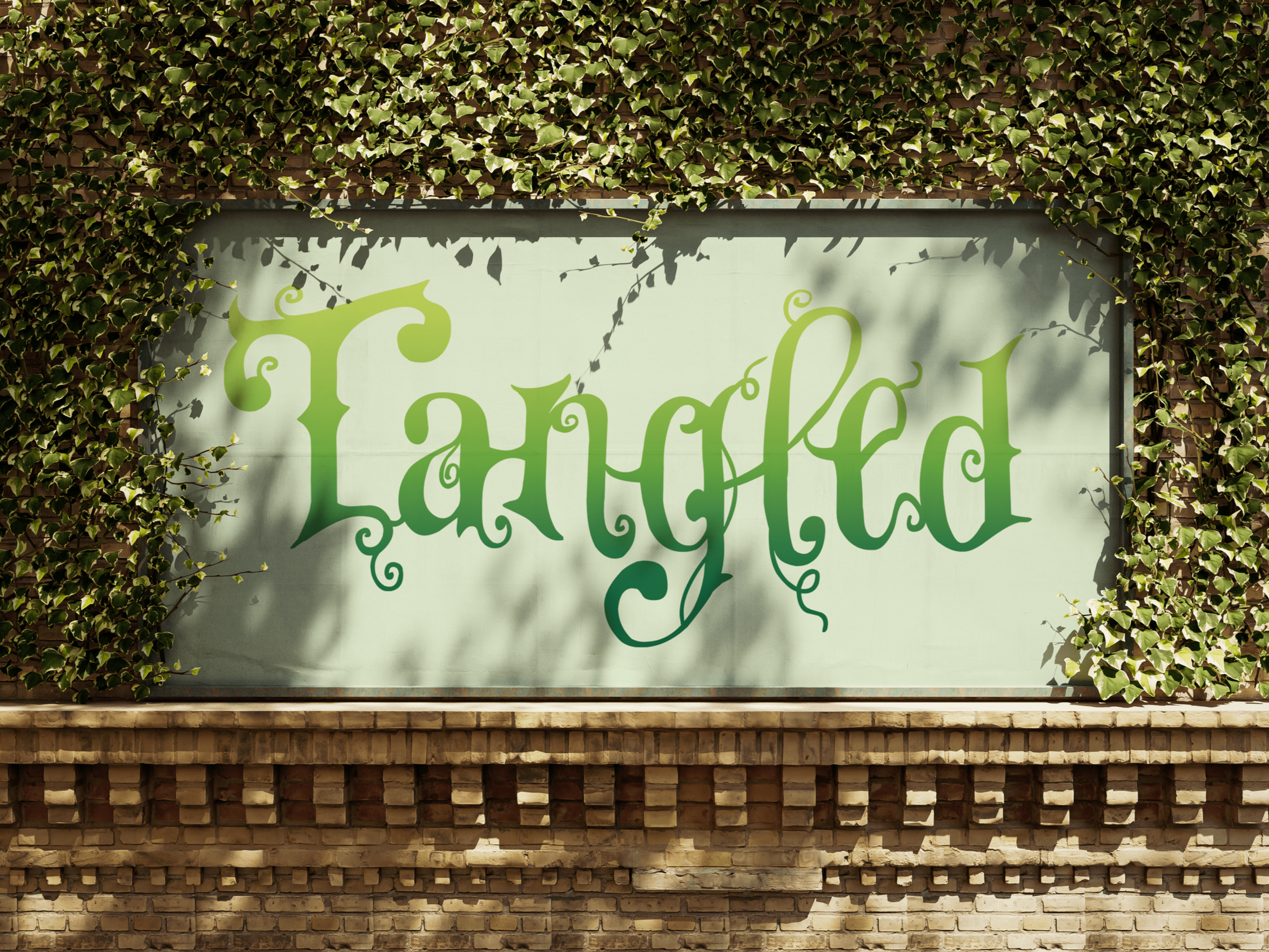 Sign with the word "Lardale" in decorative green font, surrounded by green ivy and shadow of leaves, on a brick wall background.