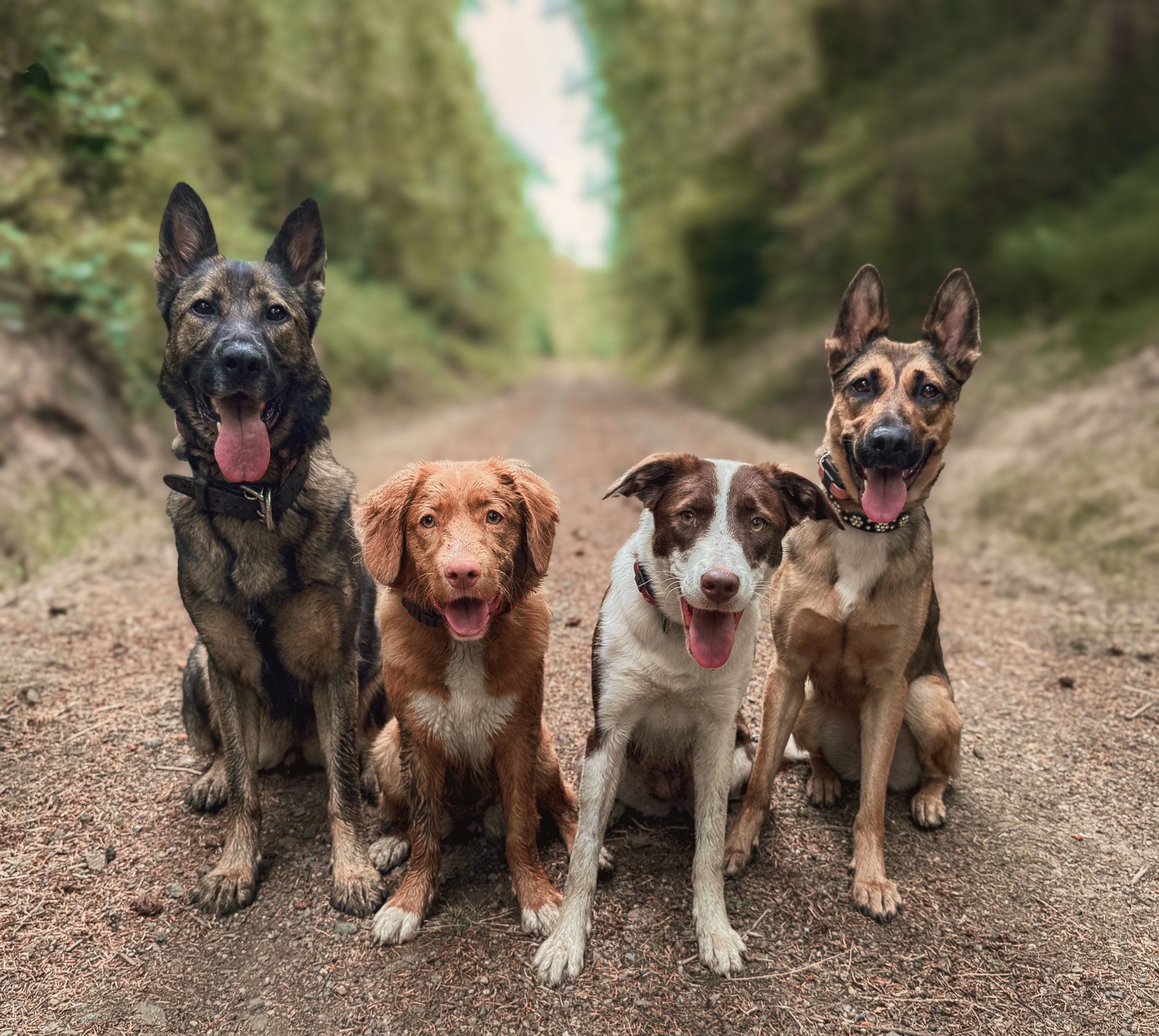 Four dogs sitting calmly side by side on a forest road, demonstrating group focus, neutrality, and reliable sit-stays during an outdoor dog training session.