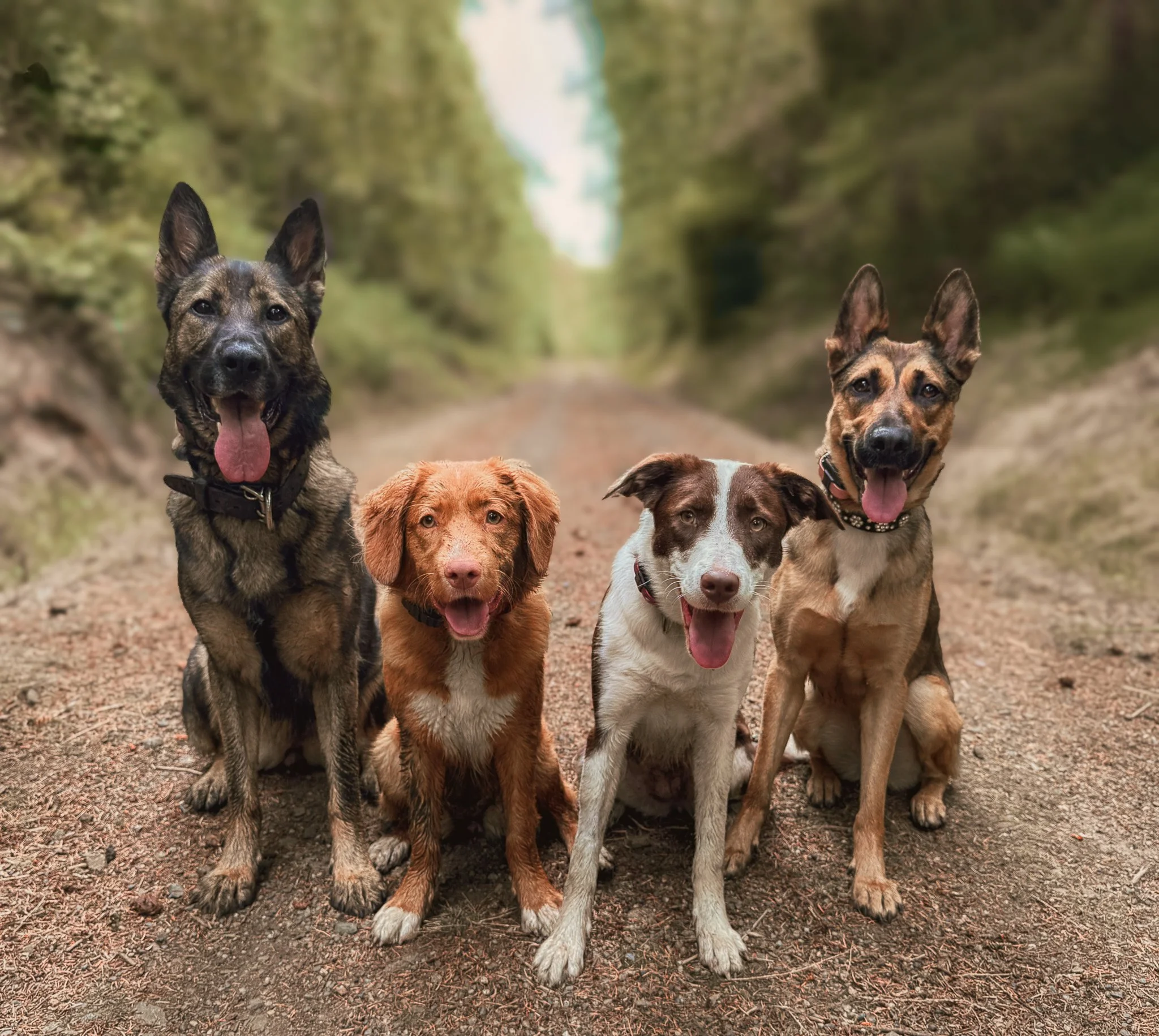 Four dogs sitting calmly side by side on a forest road, demonstrating group focus, neutrality, and reliable sit-stays during an outdoor dog training session.