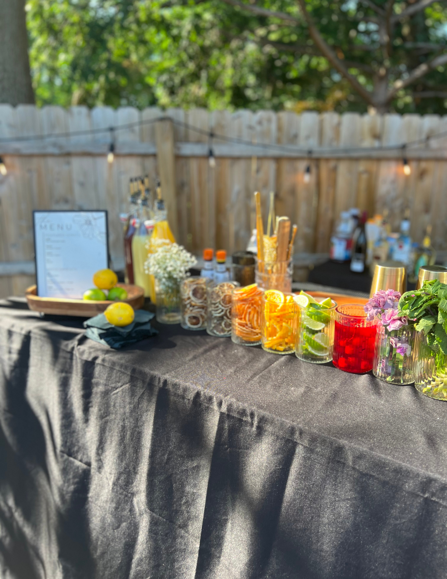 Outdoor mobile bartending setup featuring colorful cocktails and garnishes at a private event by Candy Mixed It.