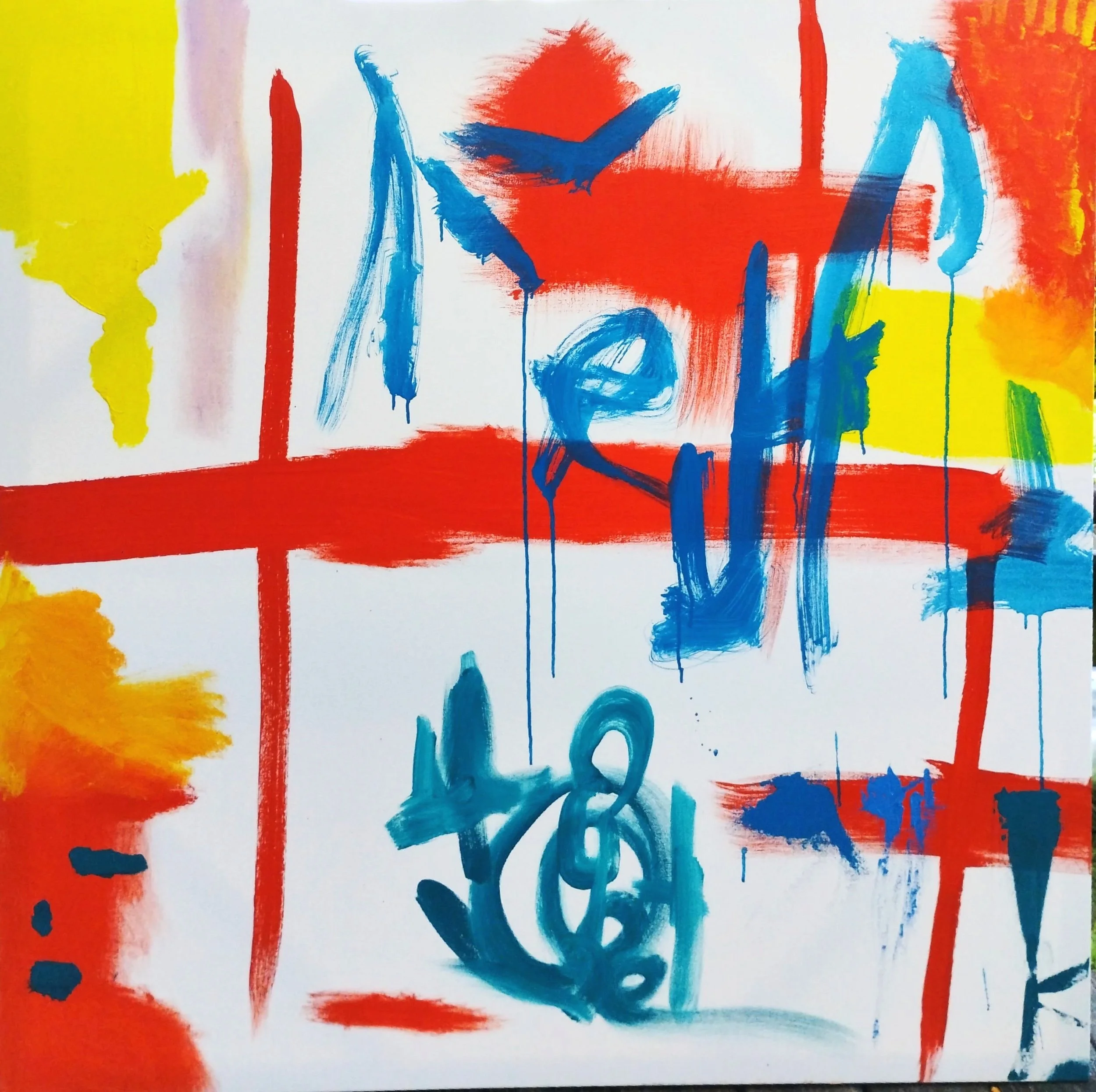 Abstract painting with red, blue, yellow, and orange brushstrokes and marks on a white background.