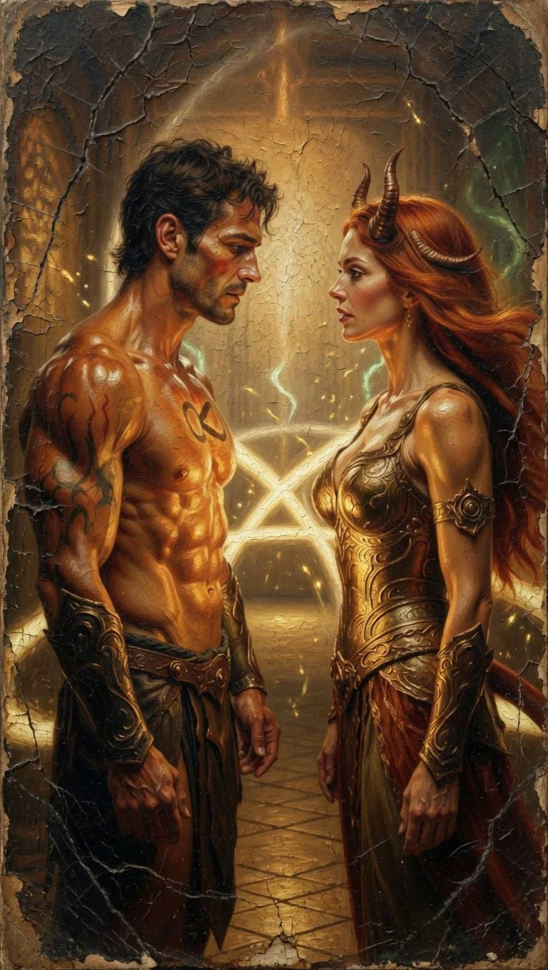 oil painting of a man and a woman gazing into each other's eyes, recognizing their infinity.