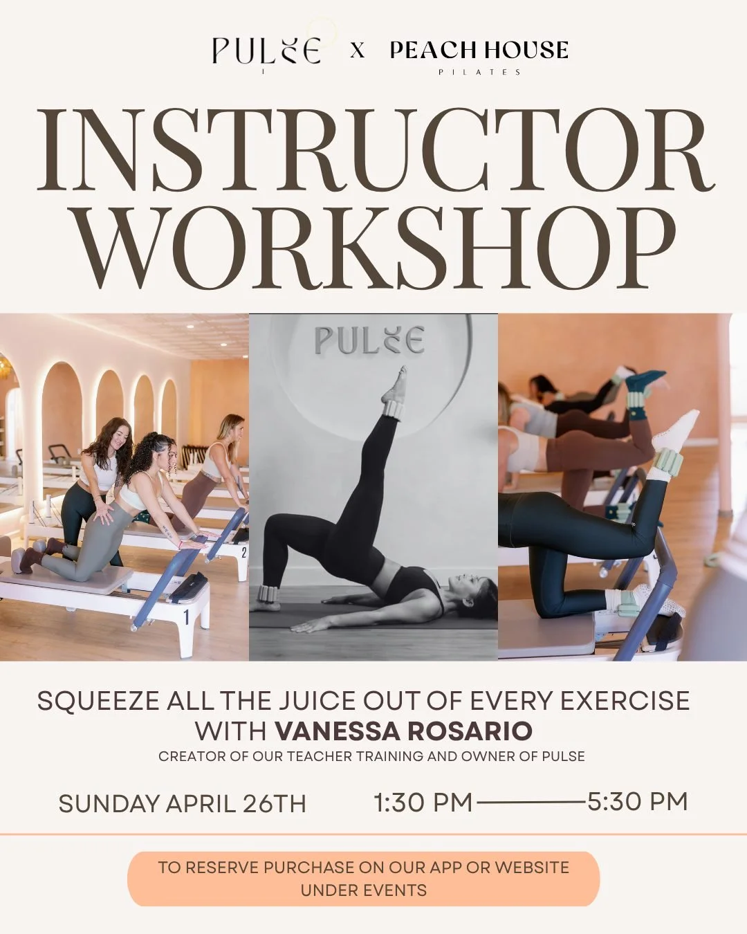 INSTRUCTOR WORKSHOP 🍑

Ready to level up your teaching?

Join us at Peach House for a hands-on workshop led by Vanessa Rosario&mdash;creator of our teacher training and founder of Pulse.

We&rsquo;re diving into:
&bull; smarter sequencing
&bull; eff