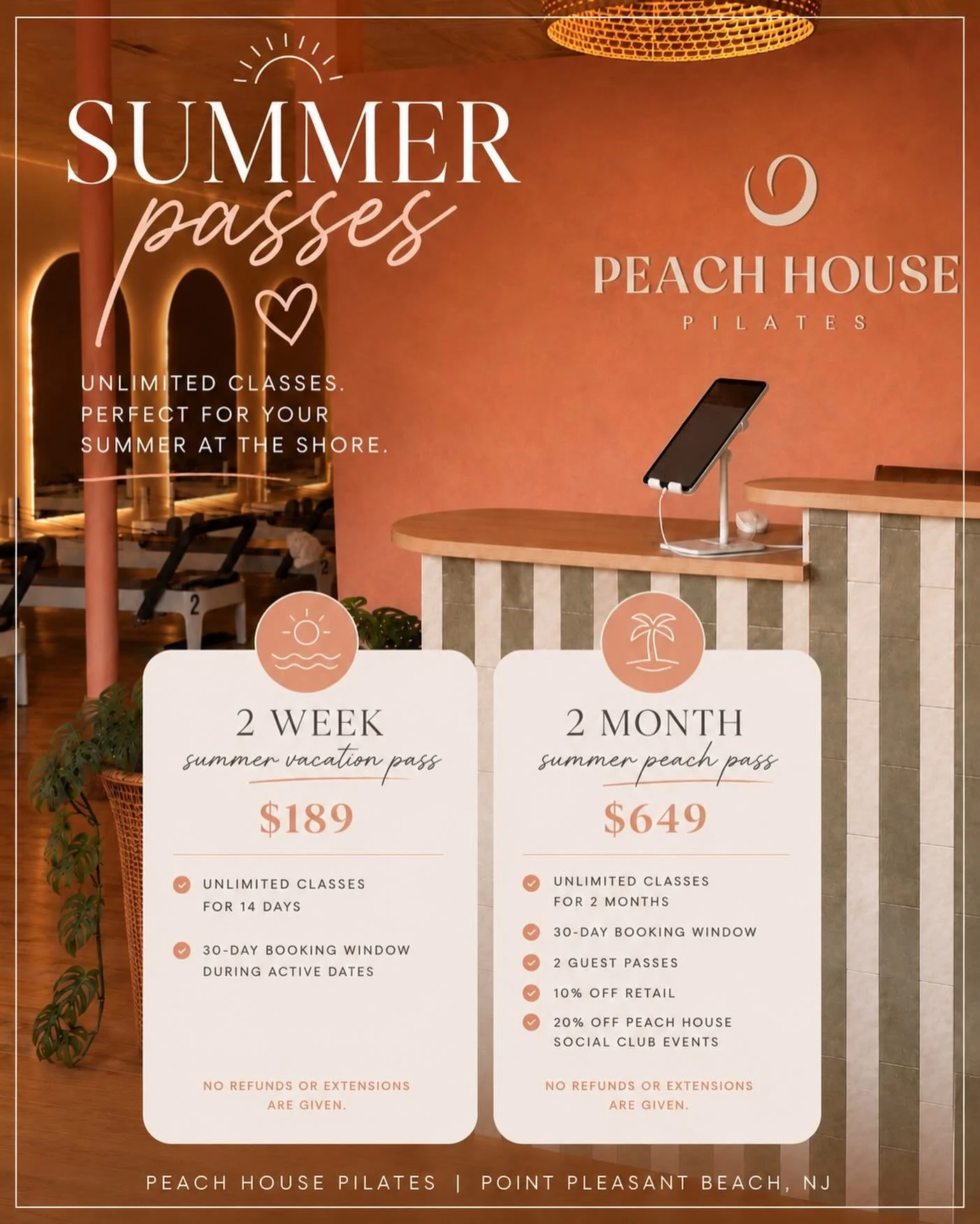 Your summer at the shore just got peachier ☀️🍑

Introducing our limited Summer Passes at Peach House Pilates:

✨ 2 Week Summer Vacation Pass &mdash; $189
✨ 2 Month Summer Peach Pass &mdash; $649

Both passes include unlimited classes + a 30-day book