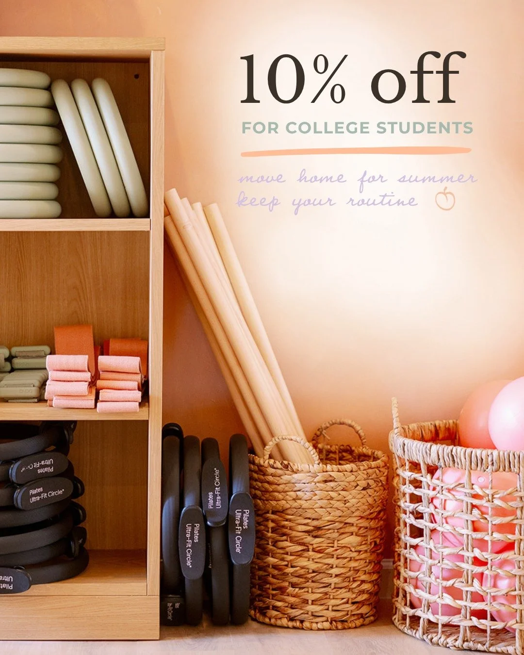 Home for summer? ☀️🍑

Keep your routine going at Peach House. College students receive 10% off memberships + class packs all summer long.

Because summer feels better with Pilates in the schedule ✨

Email us proof of enrollment to receive your stude