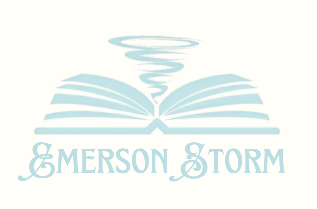 Logo featuring an open book with pages turning into a swirling tornado and the text '& Emerson Storm' beneath.