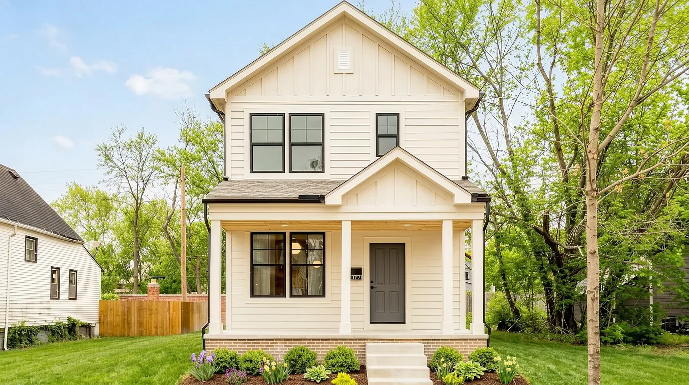 New two-story house with beige horizontal siding, black window frames, a front porch with a black front door, concrete stairs, small bushes, and leafless trees in a suburban neighborhood during winter.