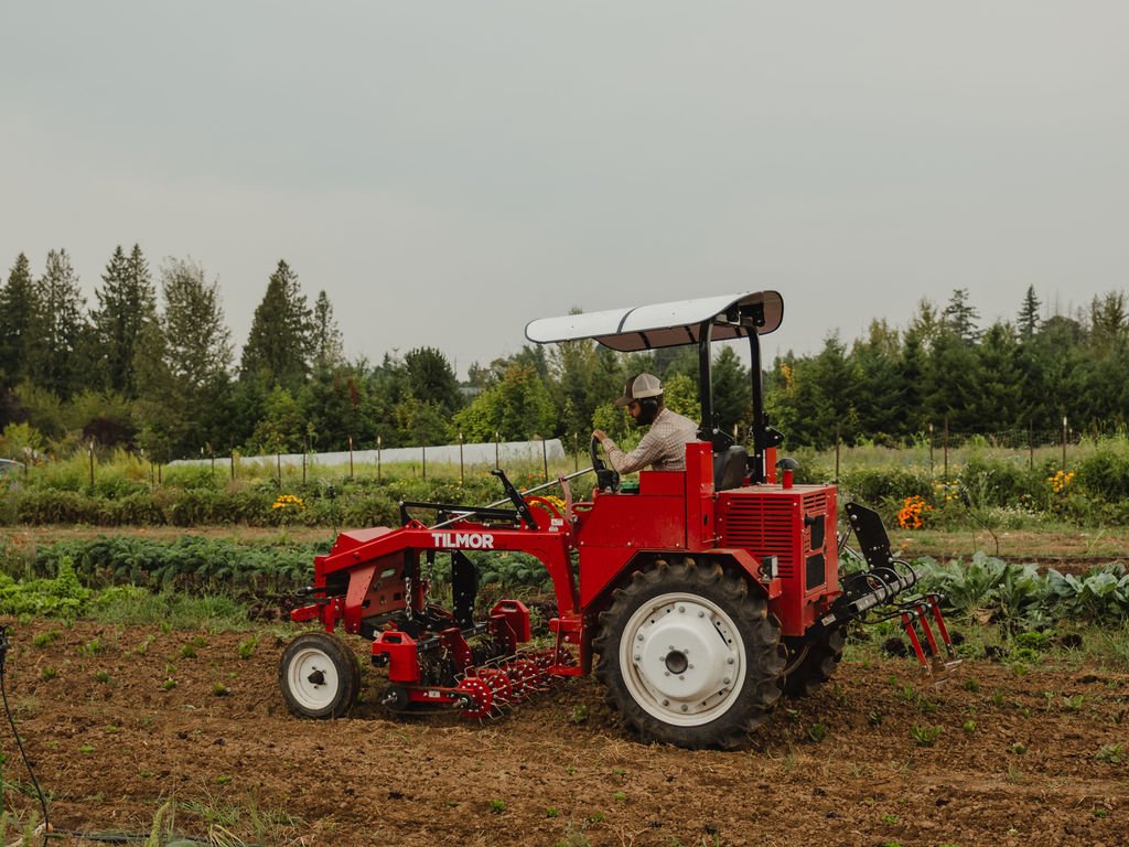 A person driving a red tractor on a farm field, with green trees and vegetable plants in the background.