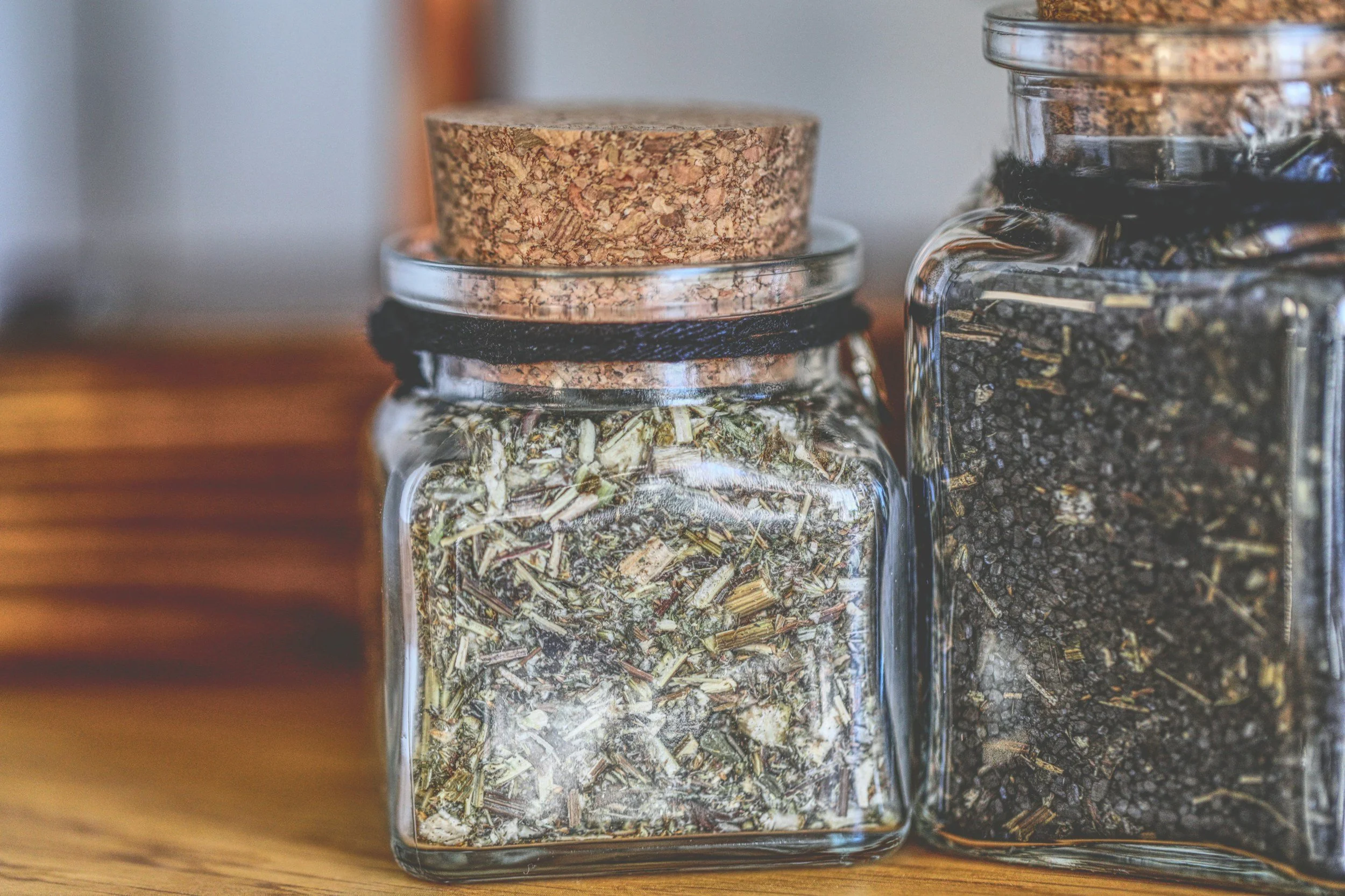 Herbs in glass containers
