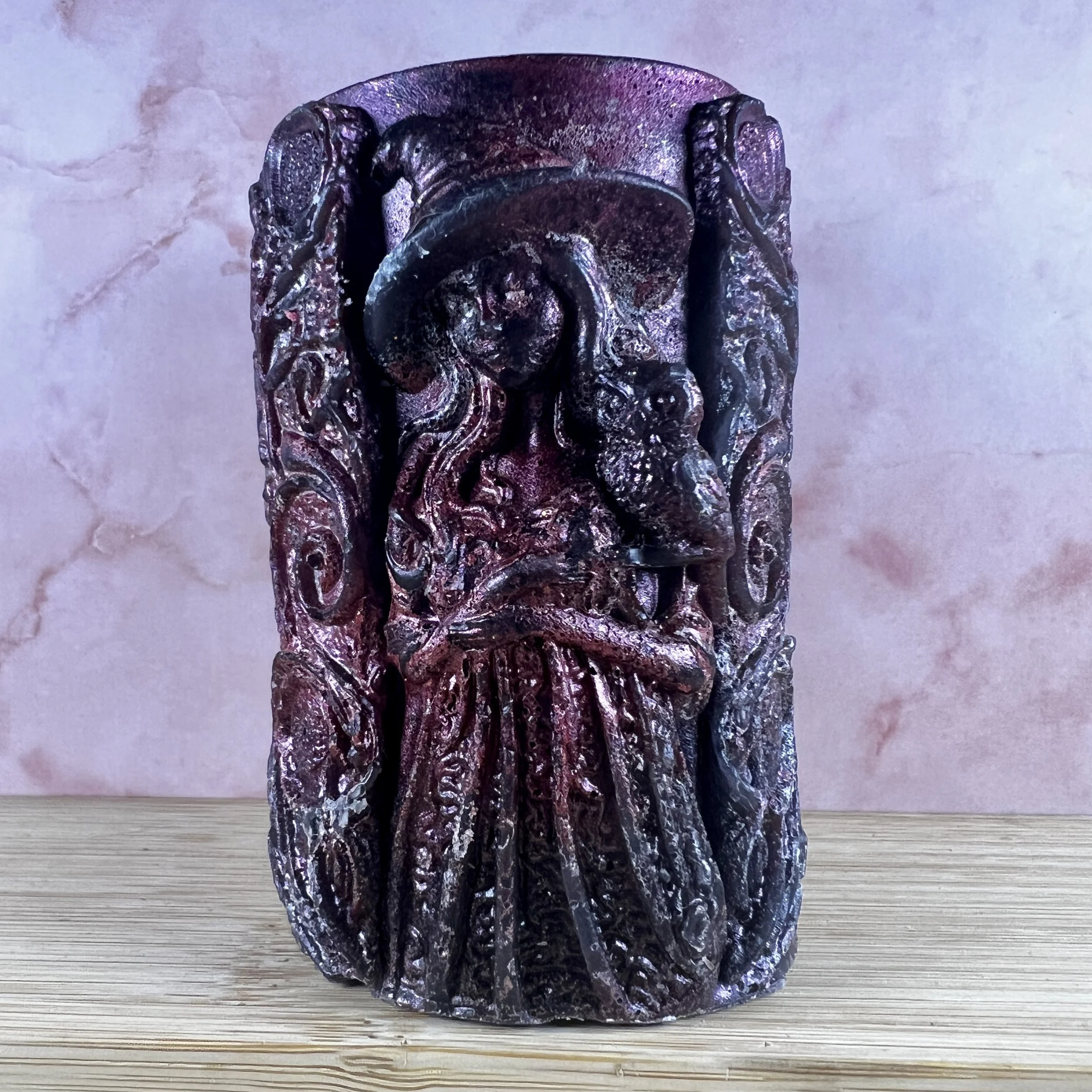 Dark Red & Gold Witch with Owl Candle