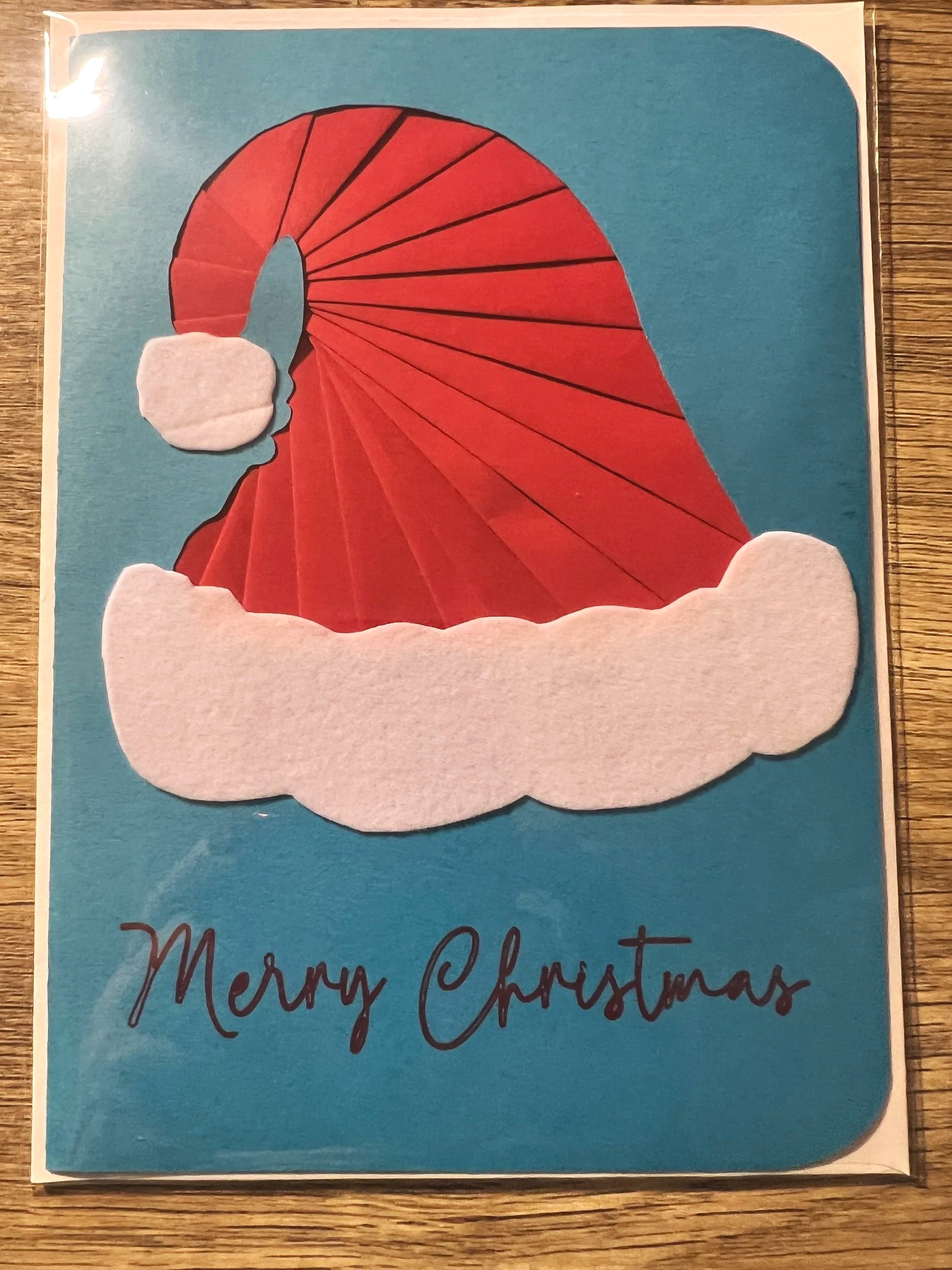 Santa Hat Handmade Christmas Card_Blue with Message inside