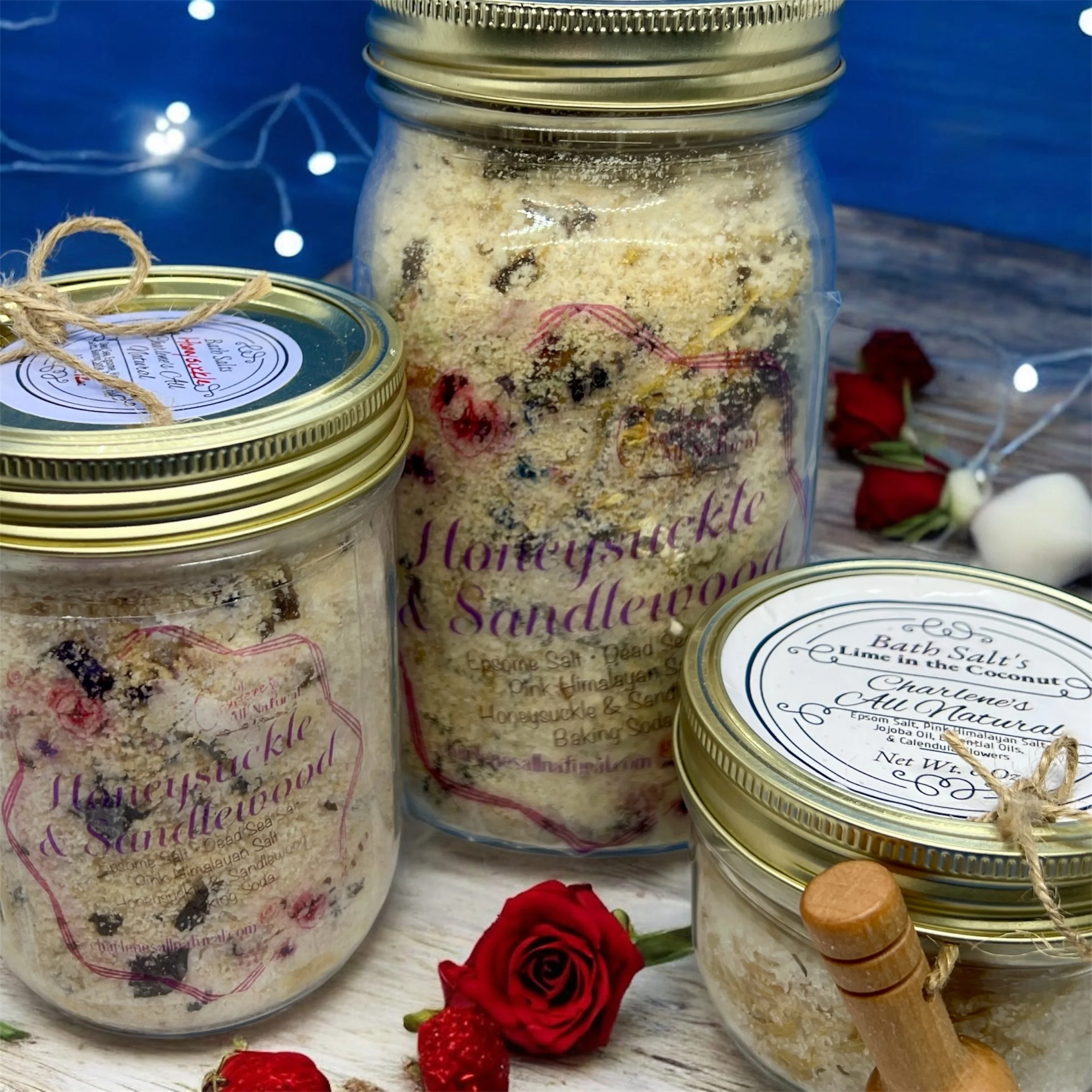 three blend artisan salts for a relaxing bath honeysuckle & sandalwood and lime in the coconut scented. 3 sizes