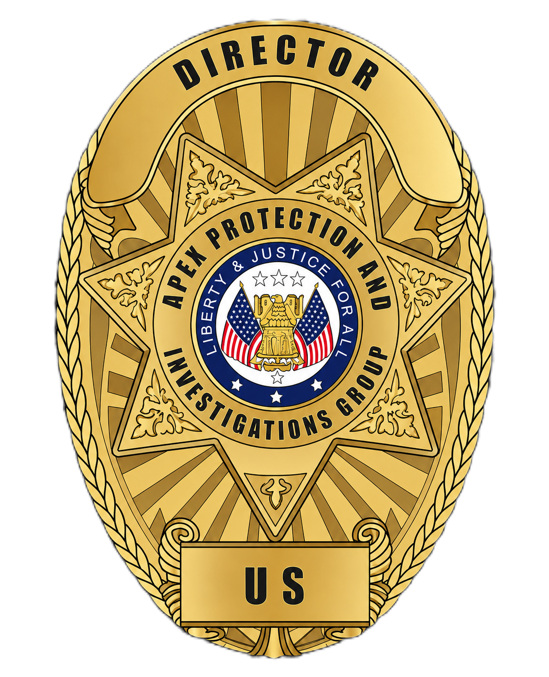 Gold badge with the word 'U S' at the bottom, featuring a central seal with flags and an eagle, surrounded by the text 'APEX PROTECTION AND INVESTIGATIONS GROUP' and 'LIBERTY & JUSTICE FOR ALL'.