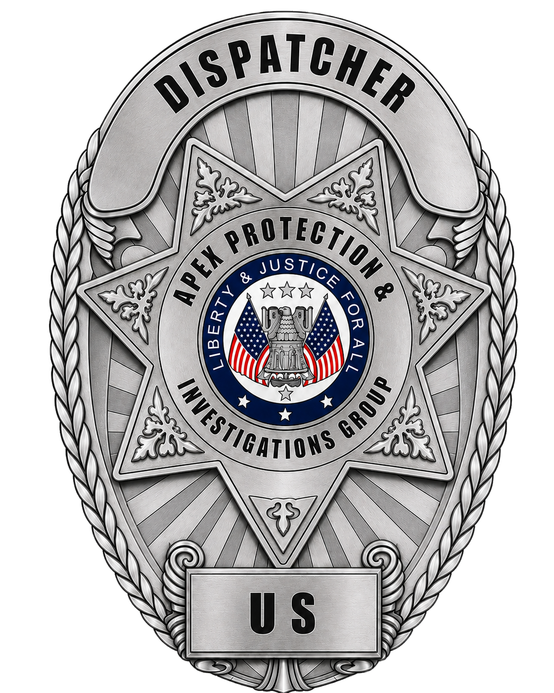A US dispatcher badge with a star-shaped design, featuring the emblem of the Liberty, Justice & Justice for All Investigations Group in the center, framed by a braided border.