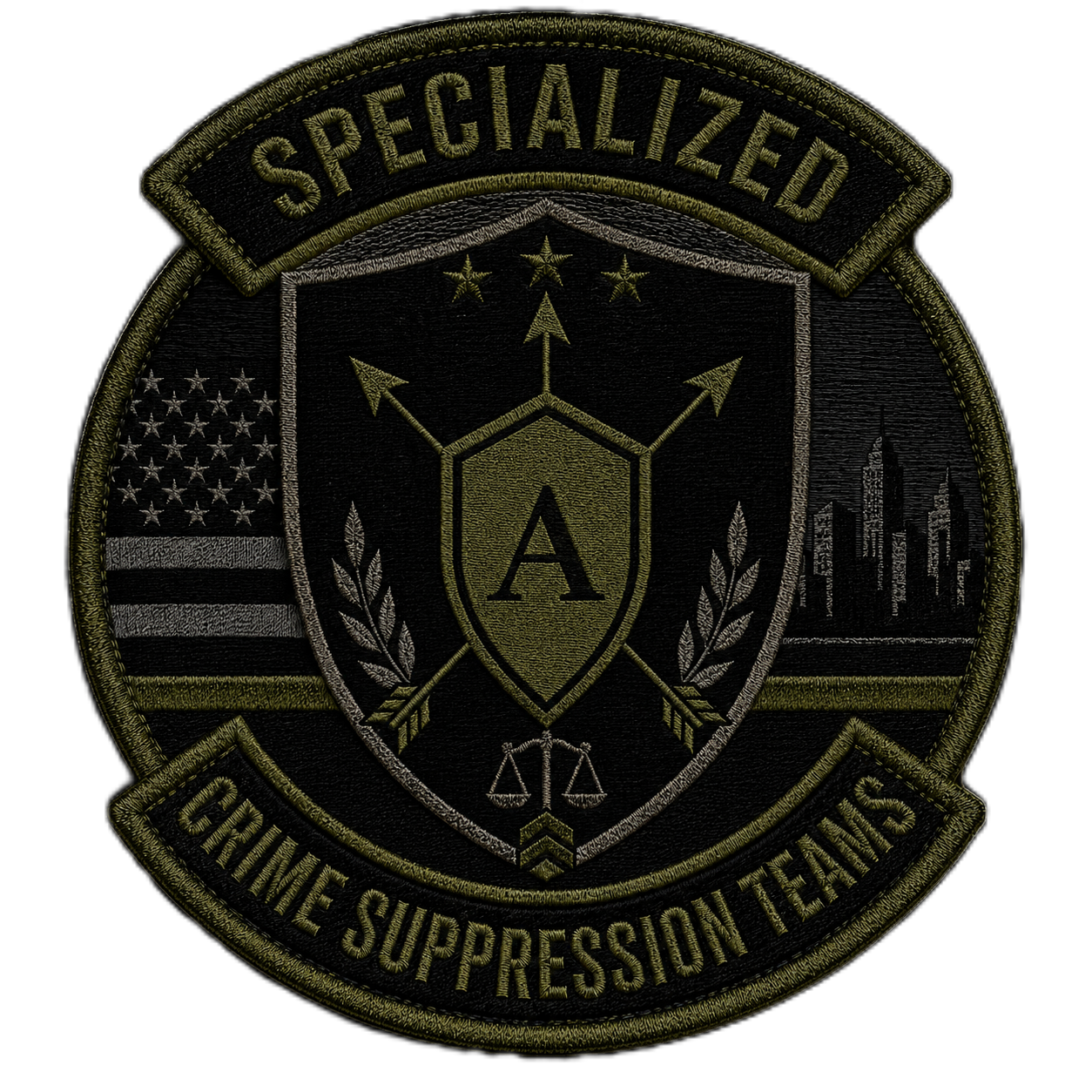 Security Patch with the words 'Specialized' at the top and 'Crime Suppression Teams' at the bottom. Features a shield with an 'A' in the center, crossed arrows, a scale, a city skyline, and the American flag.