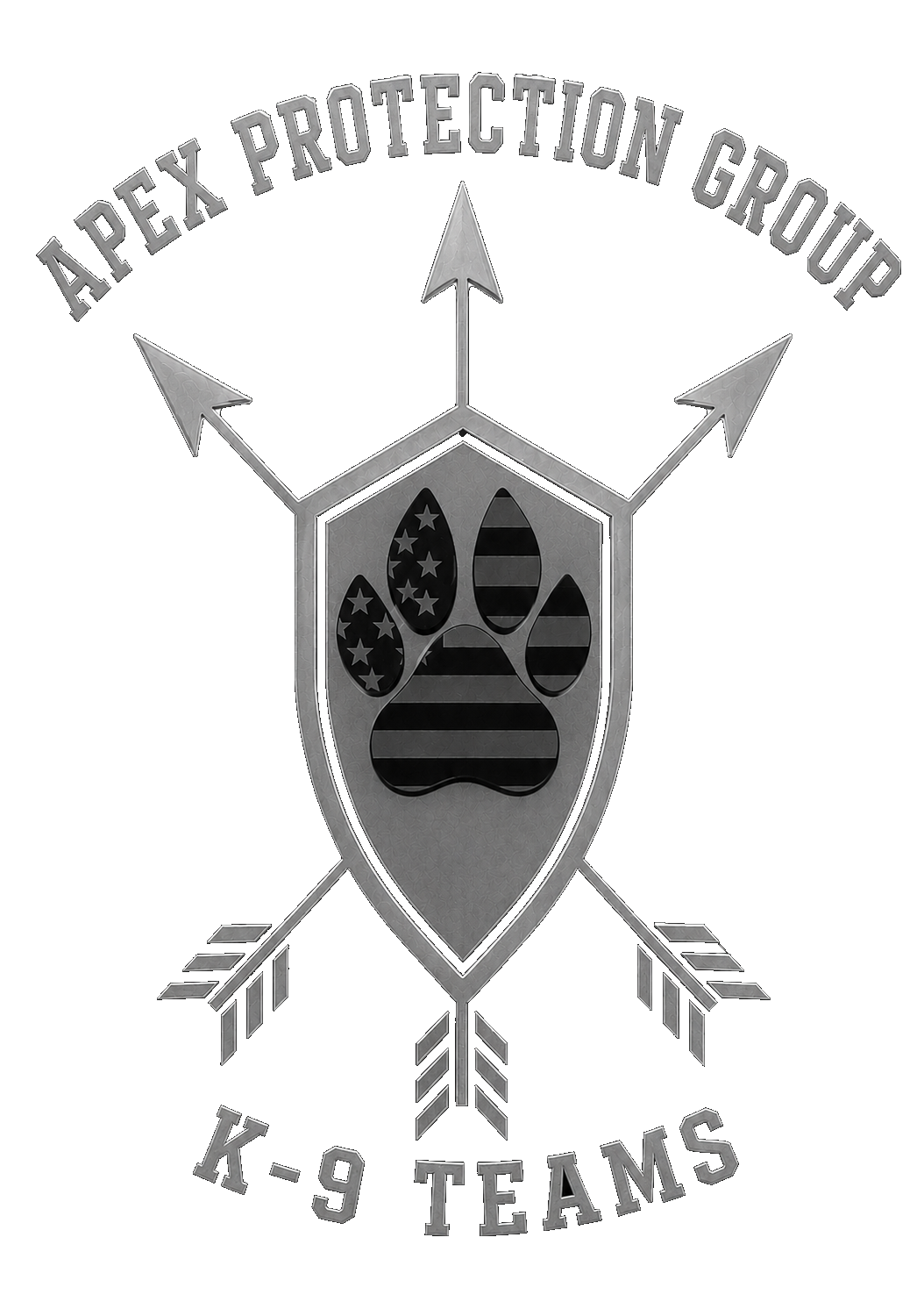 A metallic logo for Apex Protection Group featuring a shield with a paw print that has the American flag pattern. Text around the emblem says 'Apex Protection Group' at the top and 'K-9 Teams' at the bottom, with three arrows pointing outward.