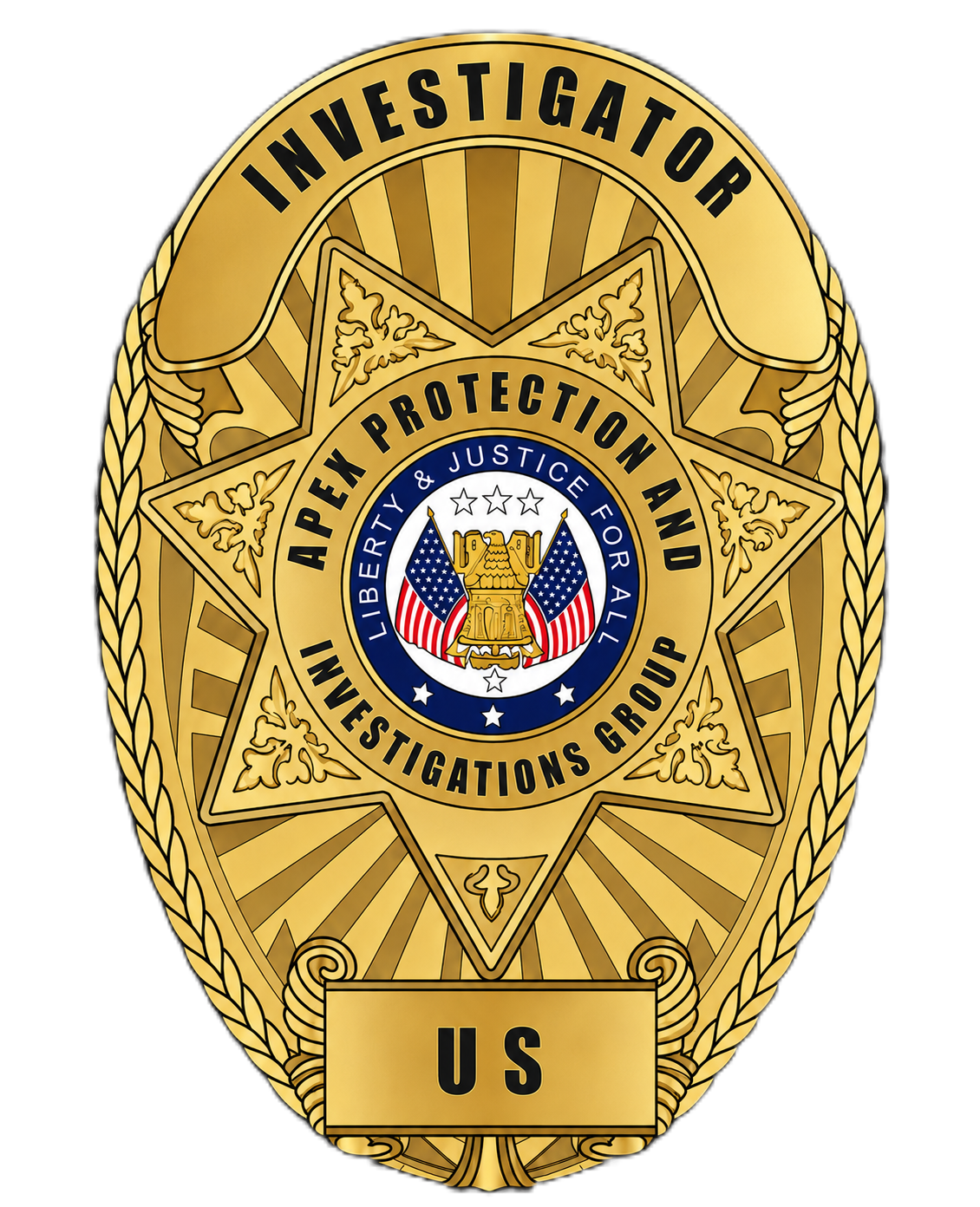 Apex Protection & Investigations Group, Private Investigators badge featuring a gold star with a central emblem of an eagle holding an olive branch and arrows, surrounded by the text 'Liberty & Justice for All'.