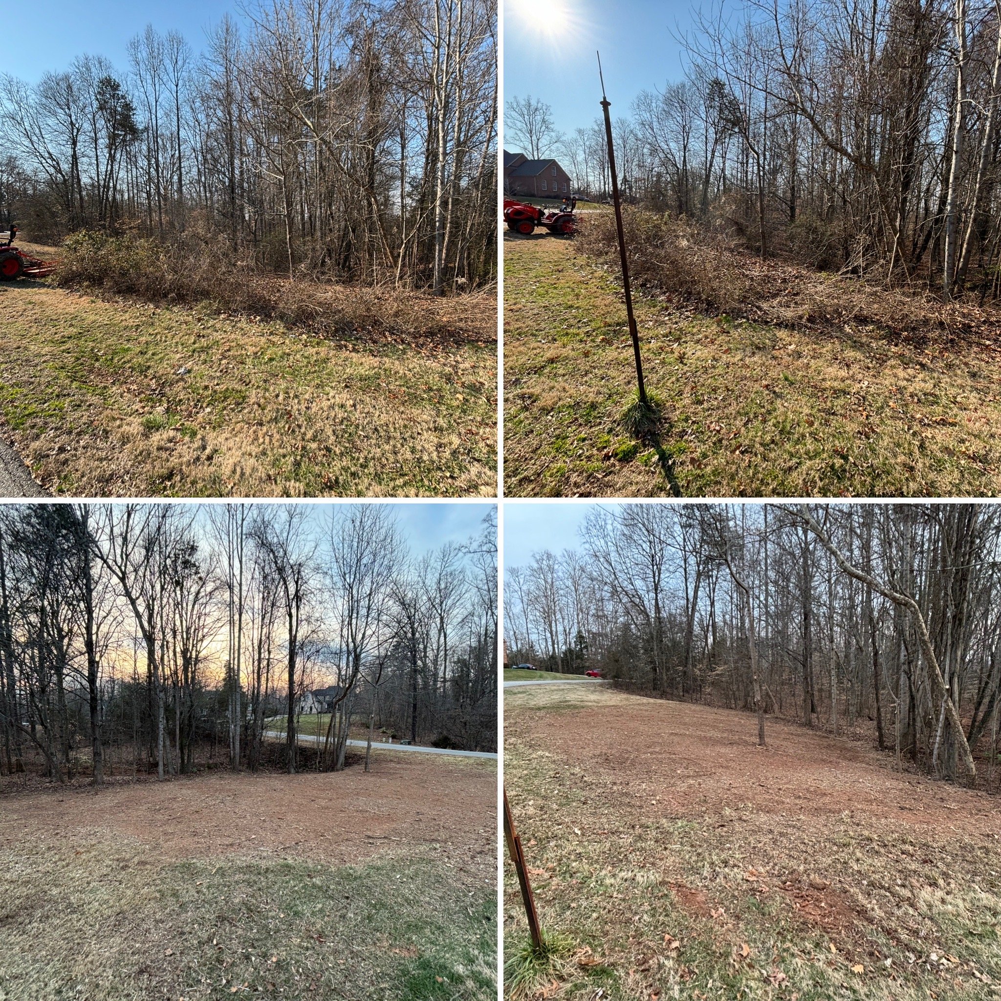 Four images of a wooded area with cleared land and construction equipment