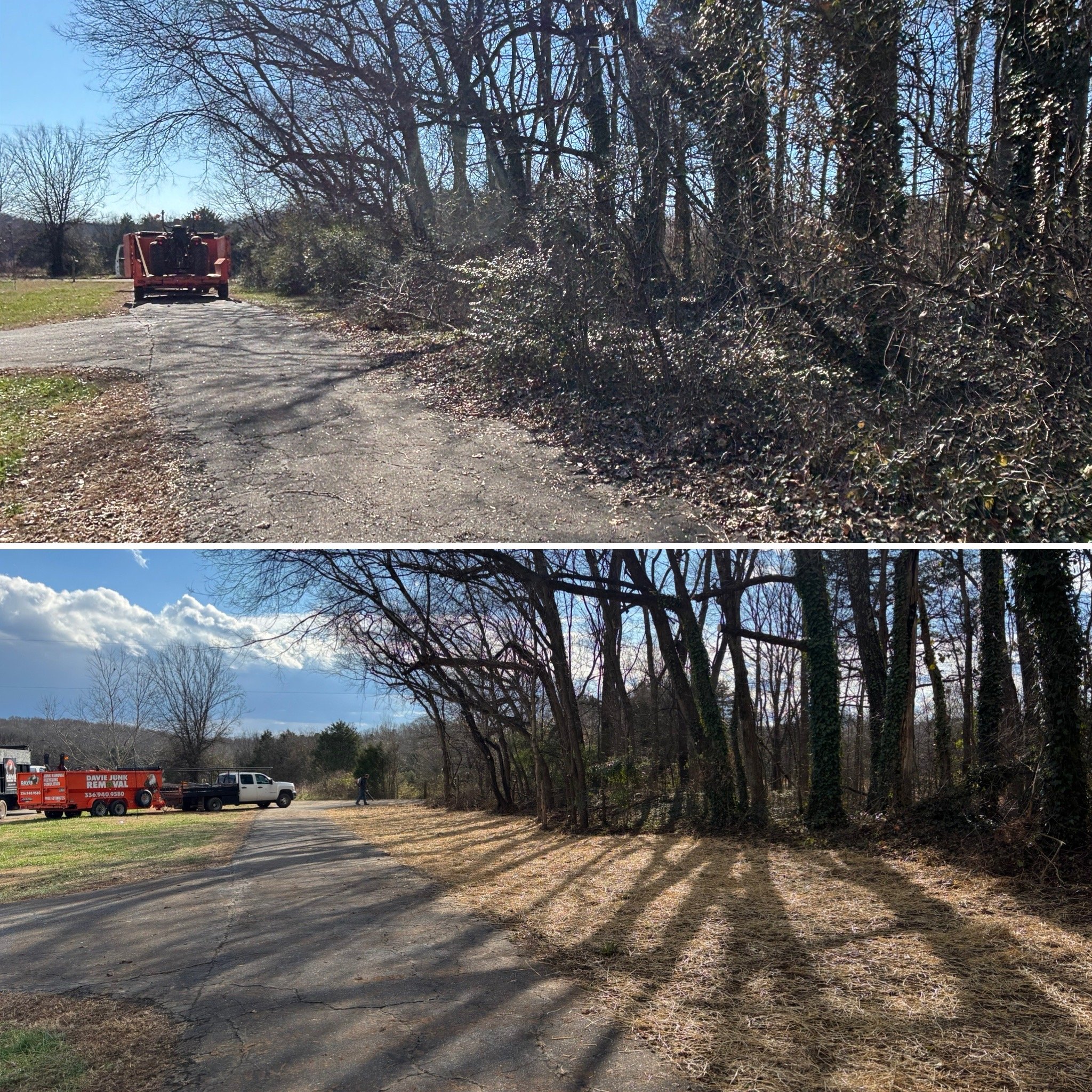 Comparison of a wooded area before and after clearing along a paved path, featuring a red wood chipper in both images. The top image shows overgrown vegetation, while the bottom image shows cleared ground with visible tree shadows.