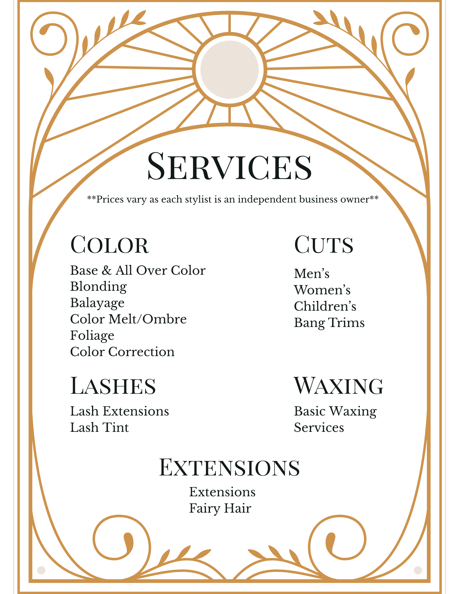 Beauty salon services menu with a black background, gold decorative border, and ornate design at the top. The menu lists services including hair coloring, cuts, styling, lashes, waxing, and extensions.