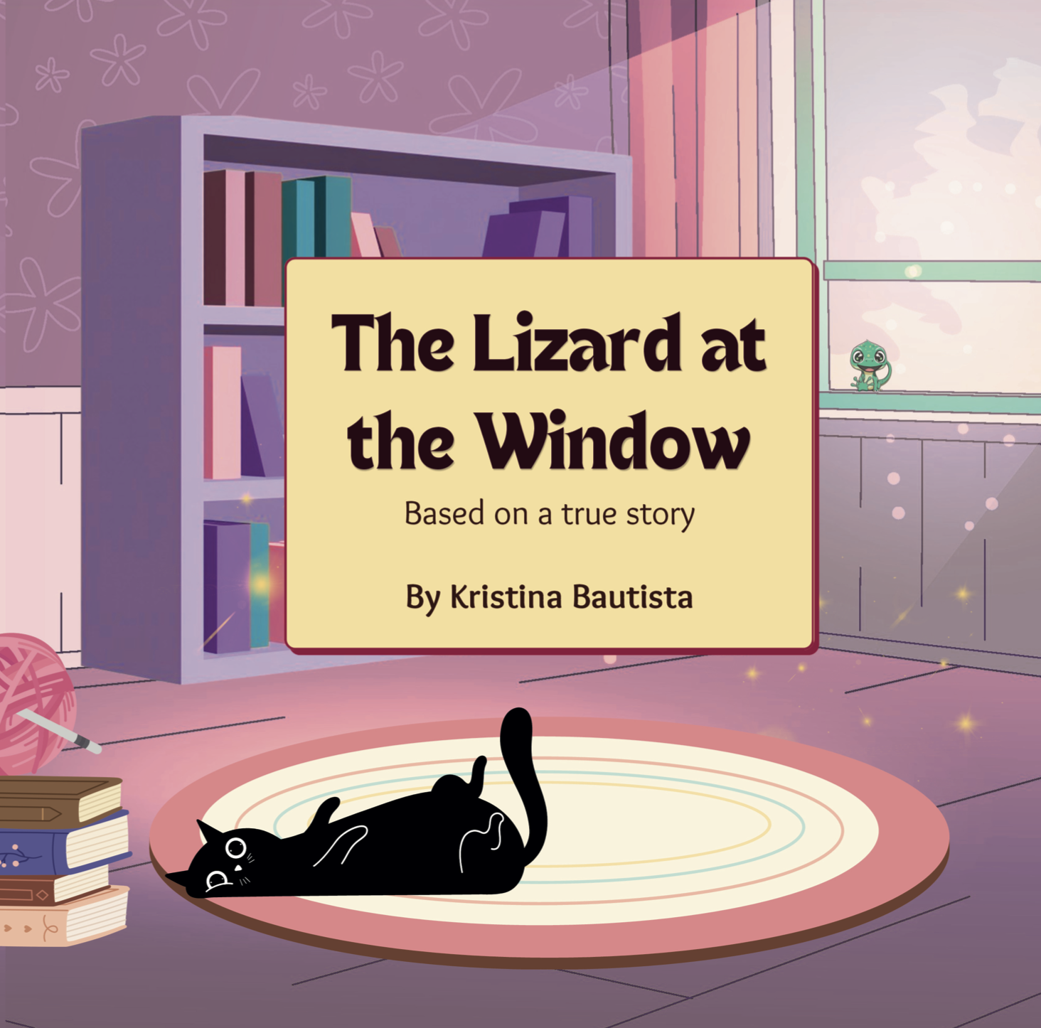 Book cover depicting a room with a bookshelf, a window with a small lizard on the windowsill, and a cat.