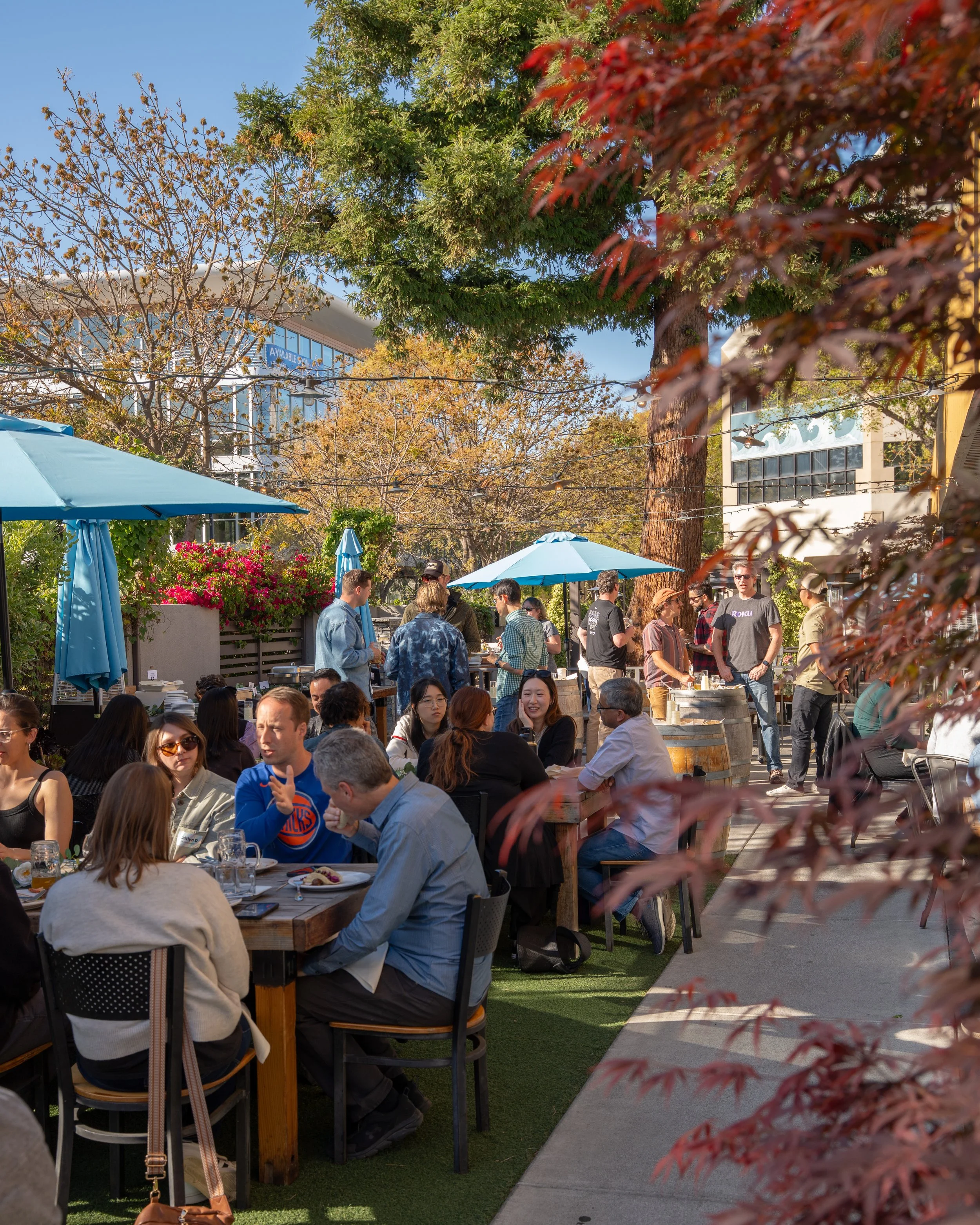 People enjoying outdoors at a restaurant or outdoor dining area with tables, umbrellas, and trees.
