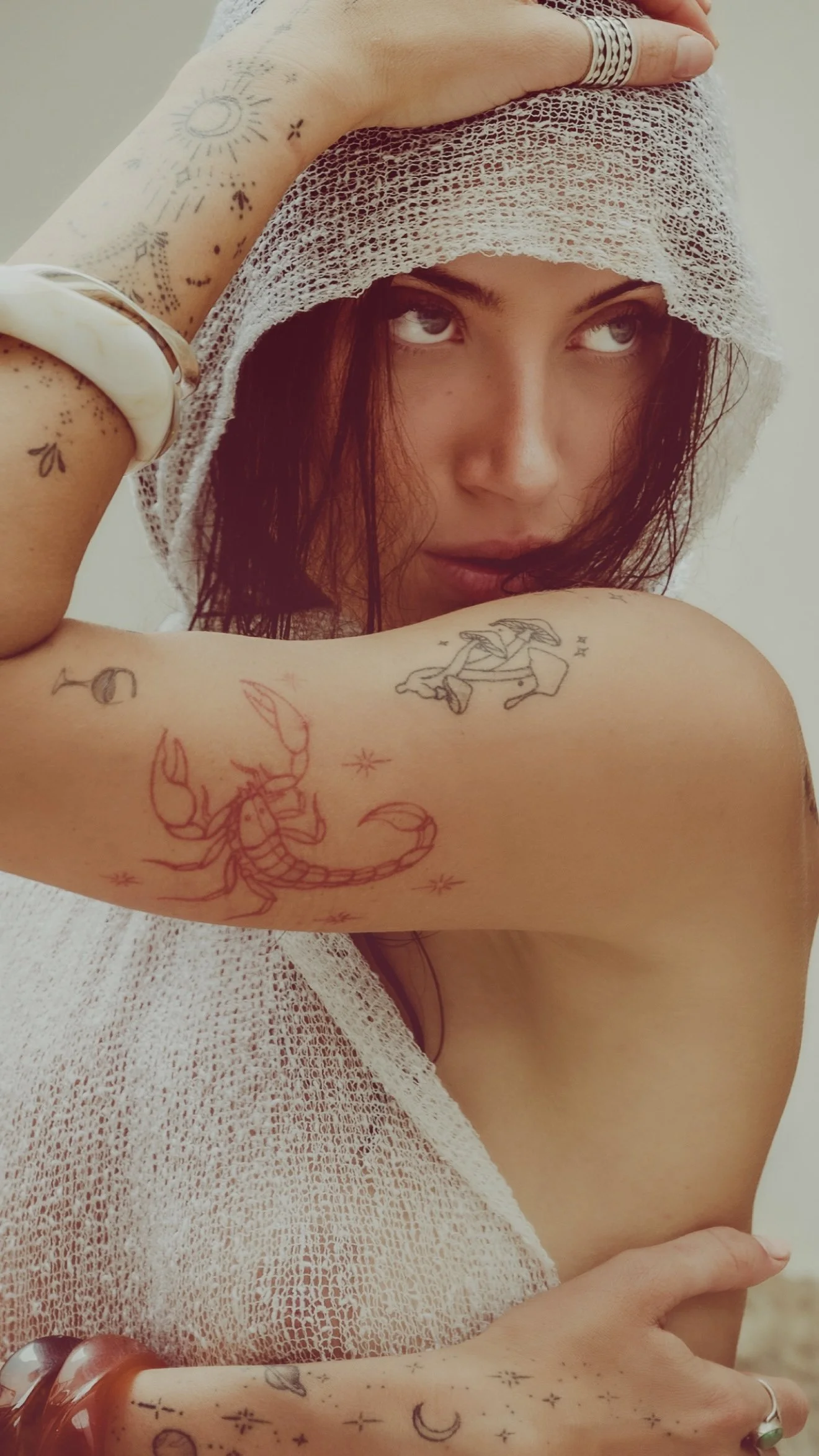 A woman with red hair and tattoos on her arm, wearing a light, mesh top, is posing with her arm raised and a hand on her head. She is looking sideways with a slight smile.