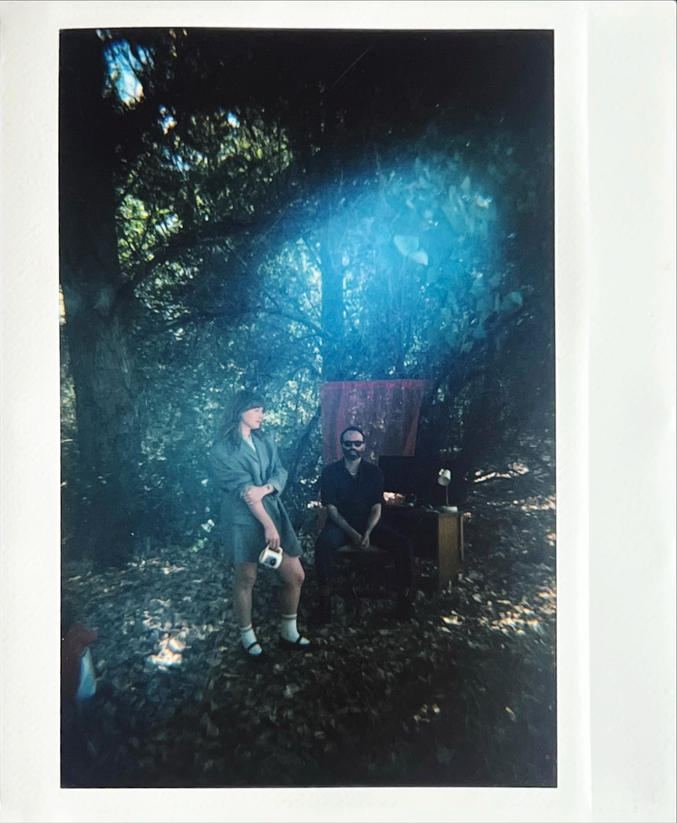 Two people outdoors in a wooded area, one standing and the other sitting at a desk, with sunlight filtering through trees.