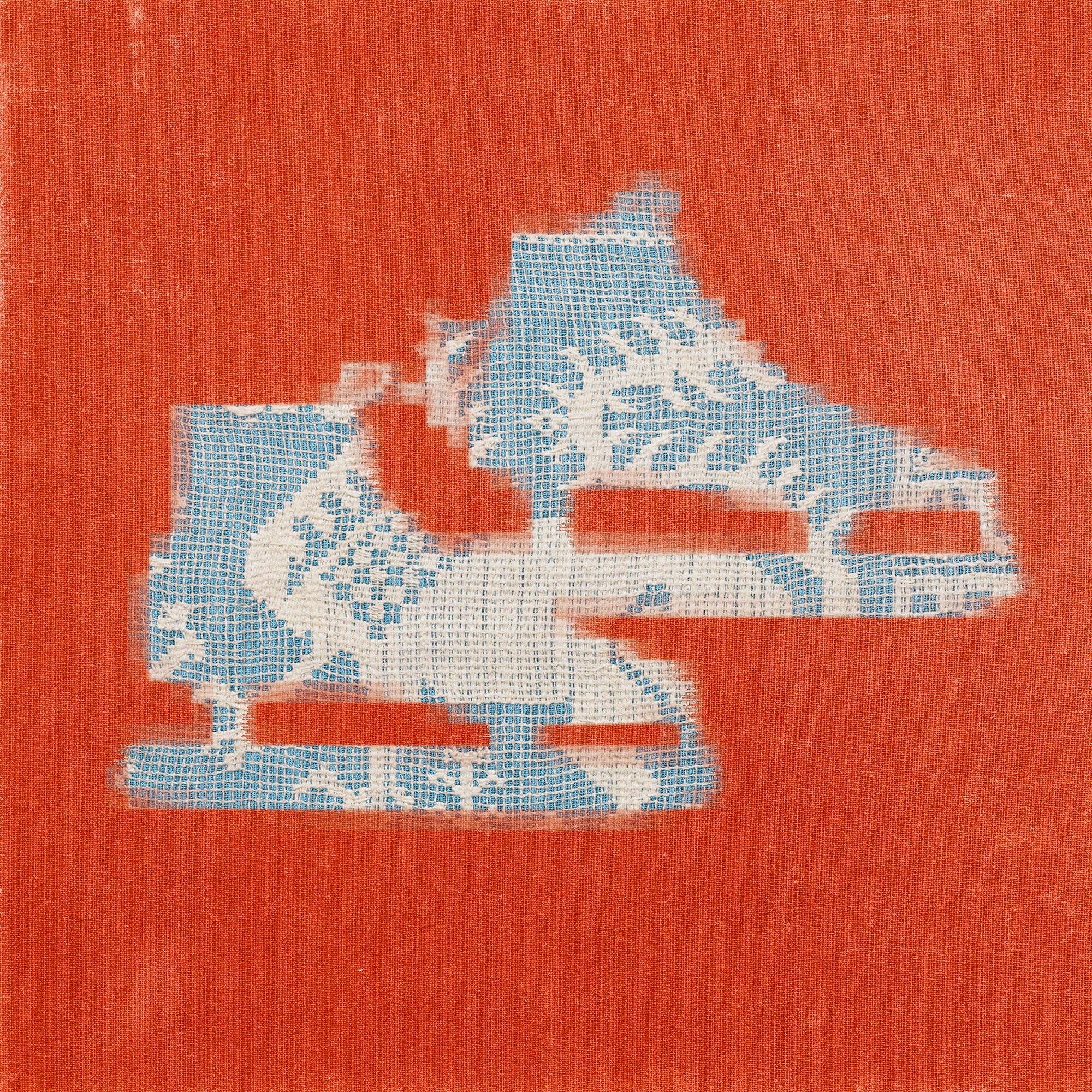 Blue Lips single artwork. An embroidered patchwork of ice skates in lace over a red fabric.