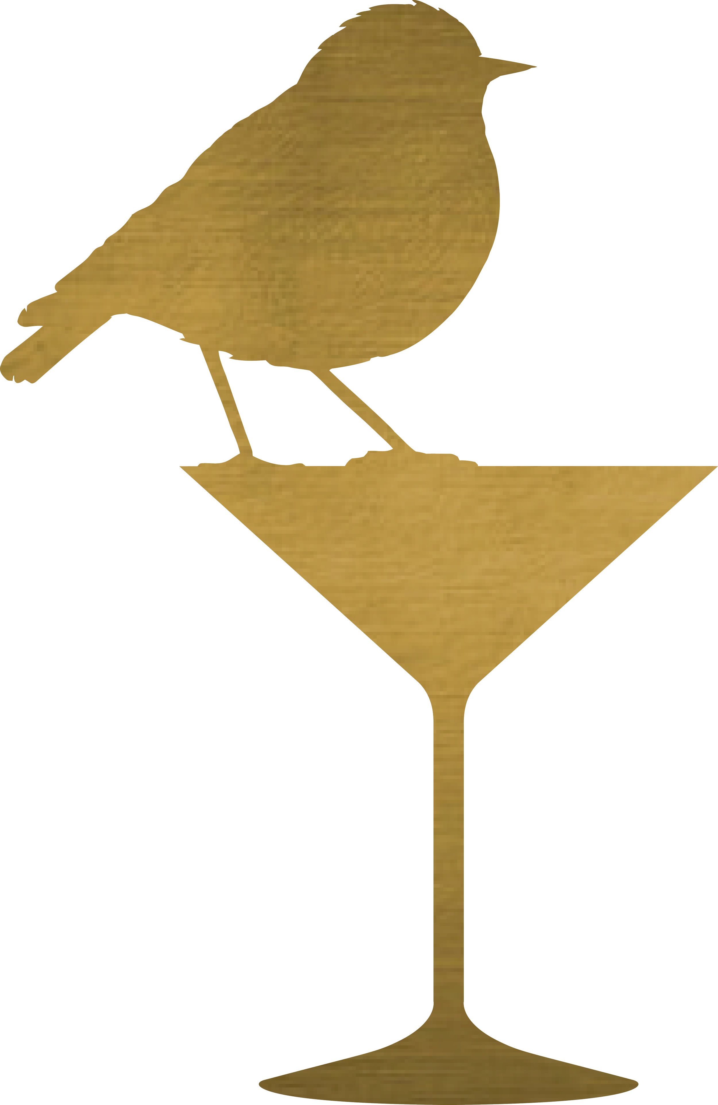 A gold silhouette of a bird perched on the rim of a martini glass.
