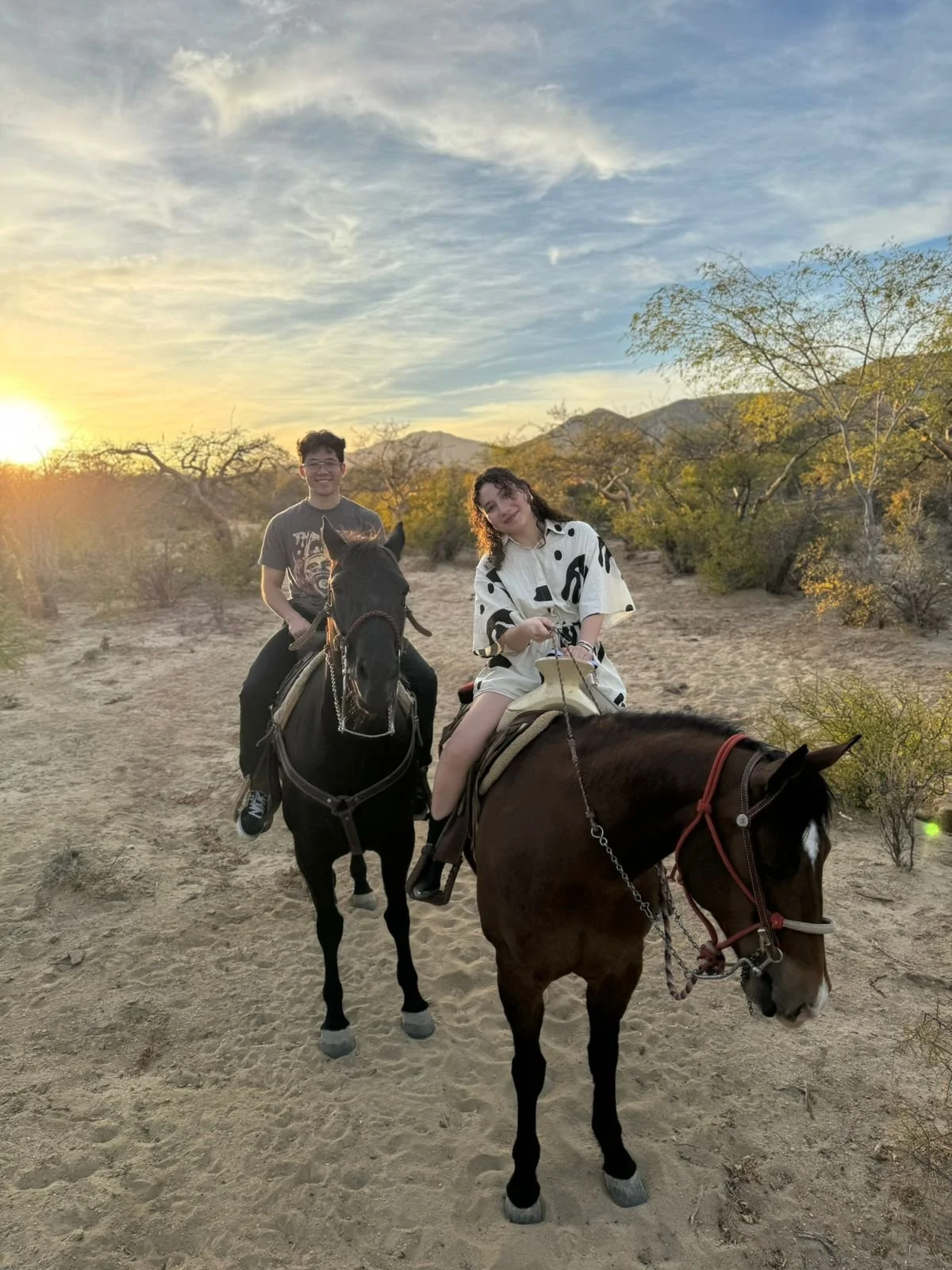 Two people riding horses in a desert landscape at sunset, with sparse bushes, distant mountains, and a partly cloudy sky.