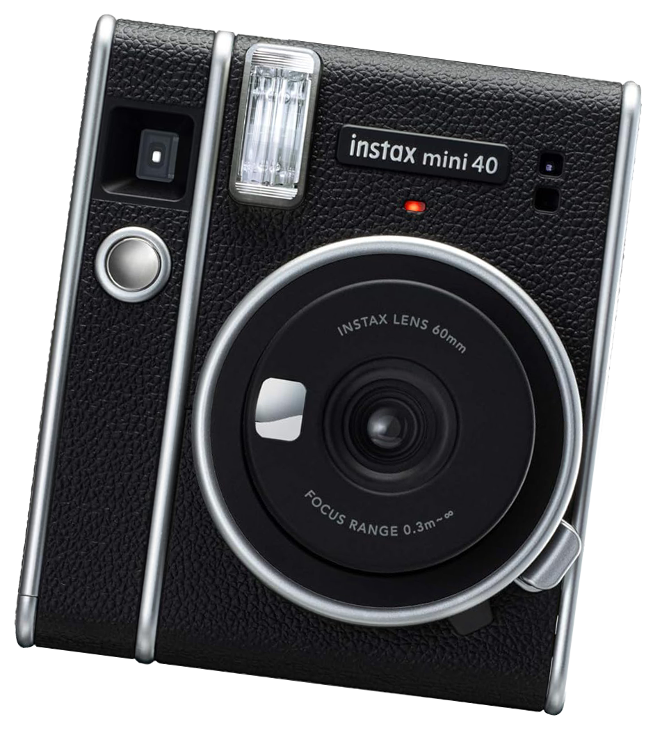 Close-up of a Fujifilm Instax Mini 40 instant camera with a black textured body, silver accents, and a 60mm lens.