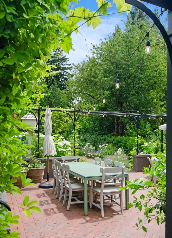 A custom steel pergola festooned with vines frames the view to the dining area.