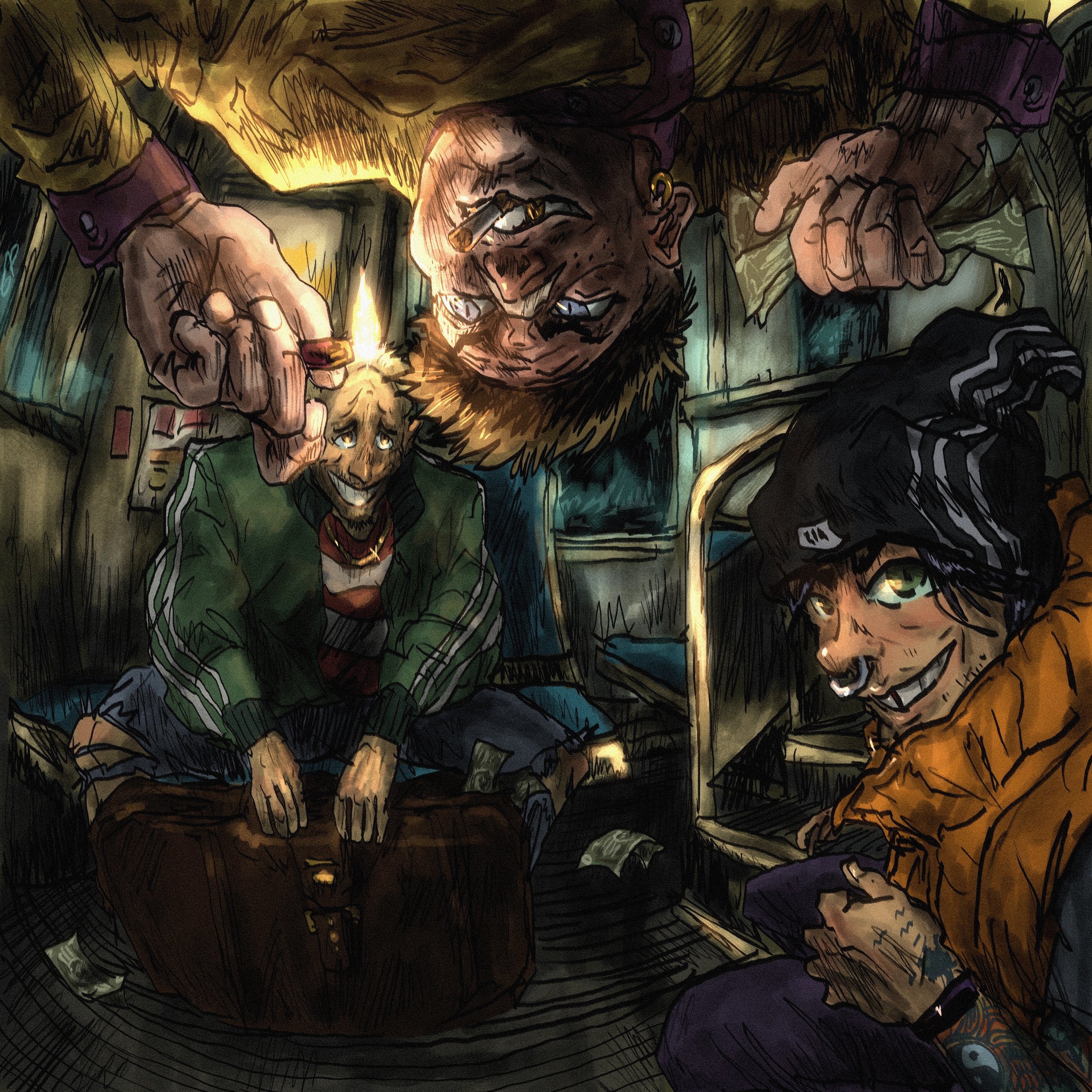 Three stylized animated characters are in a dimly lit bus, with one hanging upside down holding a lighter, another sitting with a suitcase, and the third wearing a beanie and an orange scarf, all surrounded by scattered money.