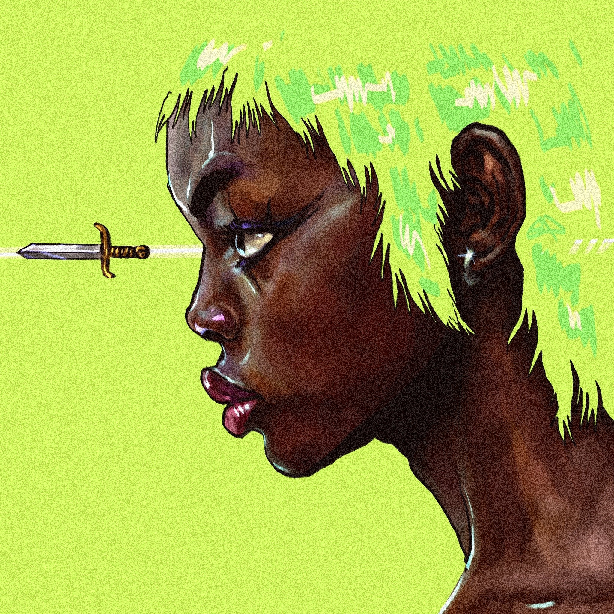Digital art of a person in profile with short, green hair against a bright green background. A sword pierces through from one side of their eye to the other. The person has expressive features and appears thoughtful.