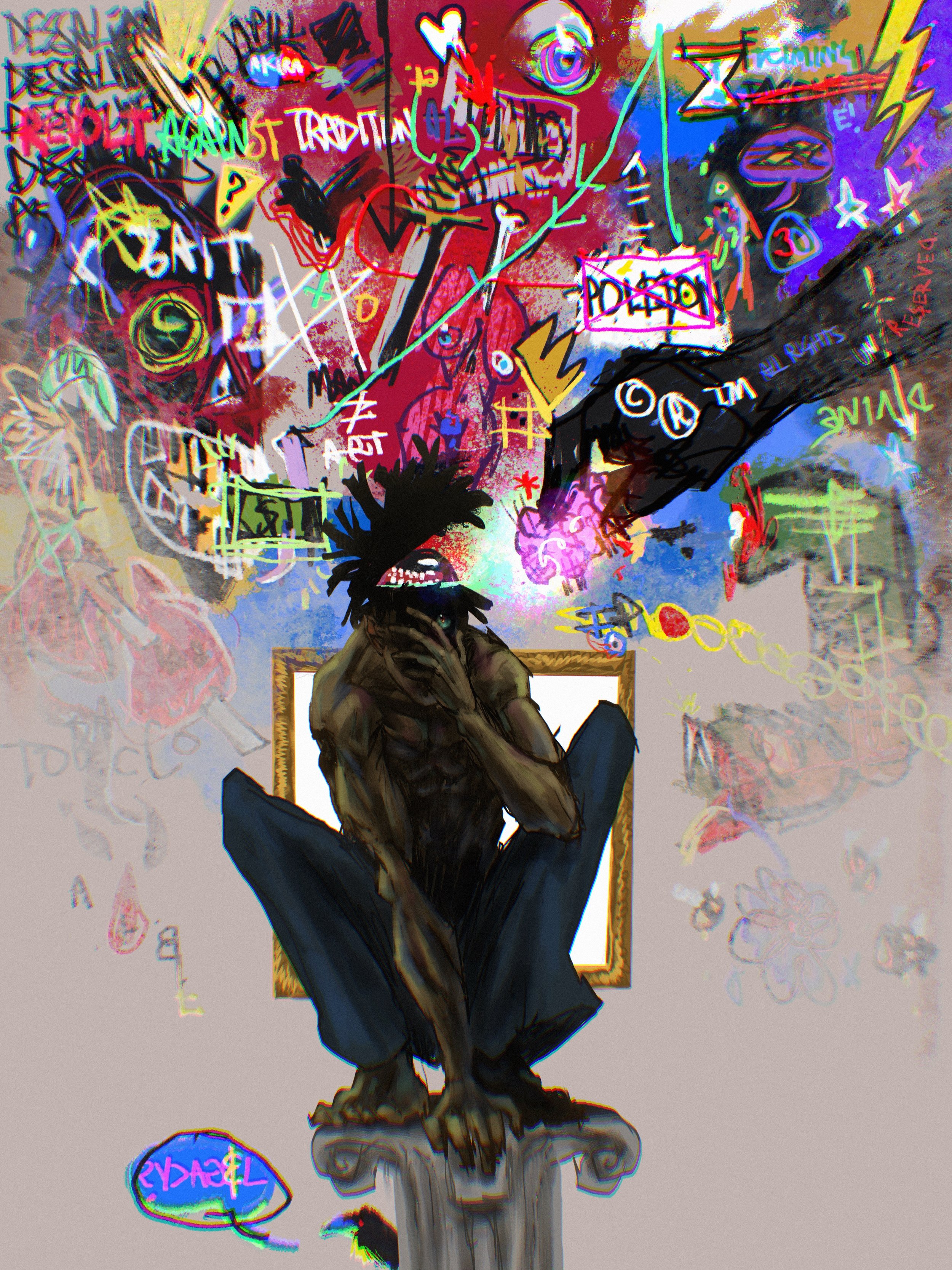 Abstract artwork depicting a figure crouched atop a column, surrounded by colorful graffiti and chaotic sketches. Various words and symbols, such as "revolt" and question marks, fill the background, indicating themes of rebellion and chaos.