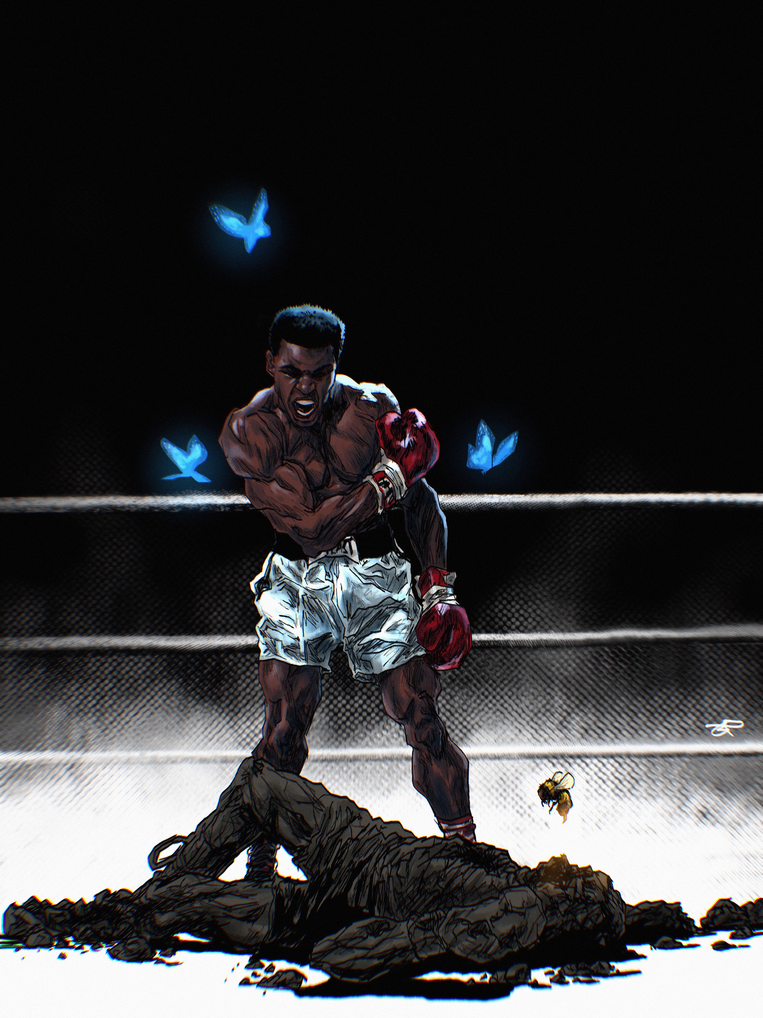 Illustration of a boxer standing triumphantly over a fallen opponent in a boxing ring, with glowing blue butterflies around them. The victor wears red gloves and white shorts, while the defeated figure lies in a shadowy, abstract form. A glowing bee