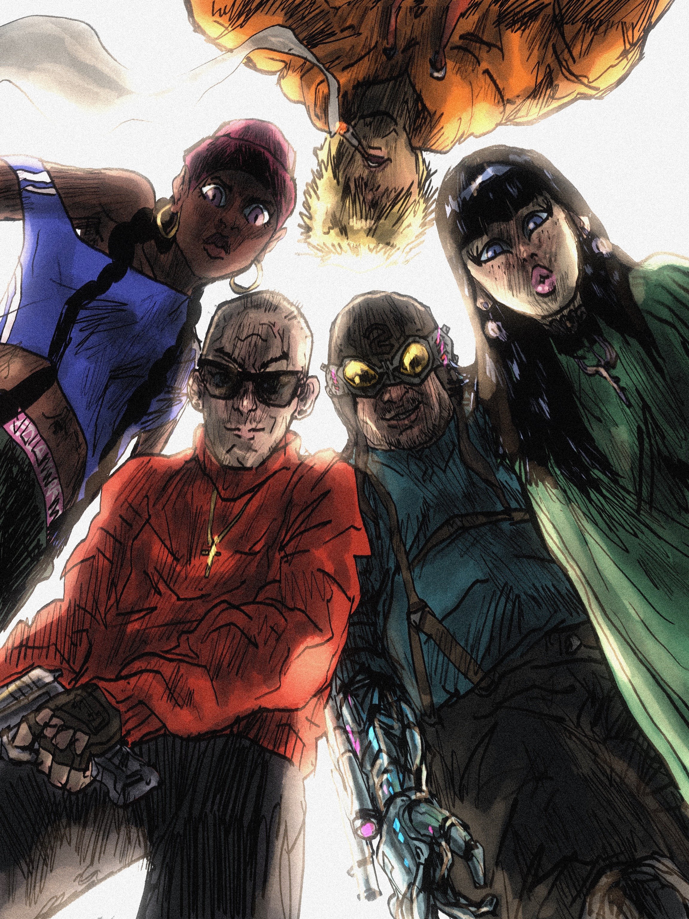 Five animated characters in a dynamic and intense pose, looking downward. The group includes a woman in a cap and hoop earrings, a man with a shaved head and sunglasses, another wearing goggles, an individual with a cybernetic arm, and a woman with l