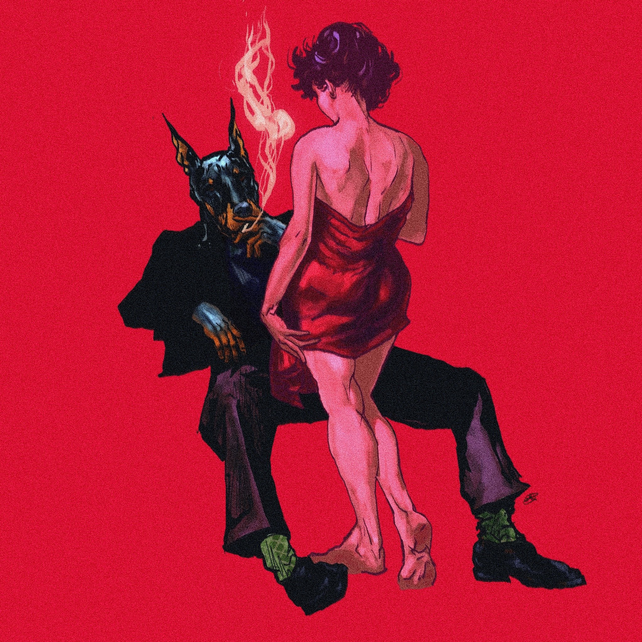 Artistic illustration of a person with a Doberman dog head, dressed in a suit, and a woman in a red dress standing in front of him, against a red background.