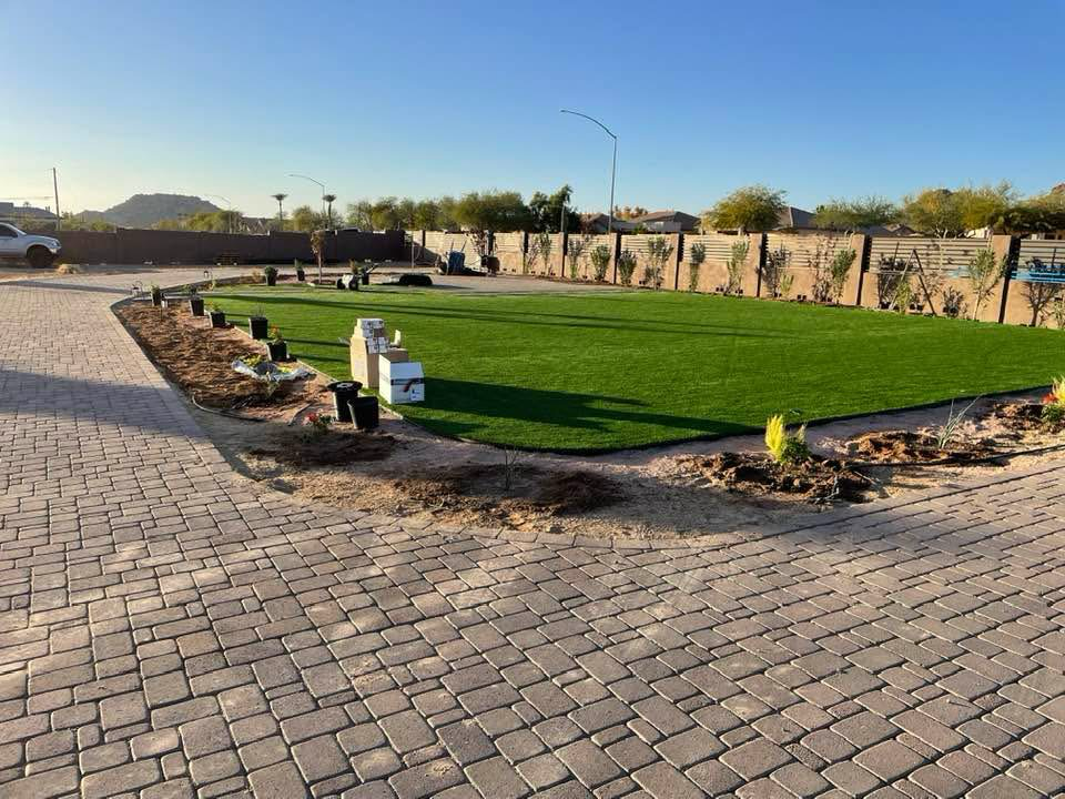 Landscaped backyard with artificial turf, paved walkway, and young plants along garden bed