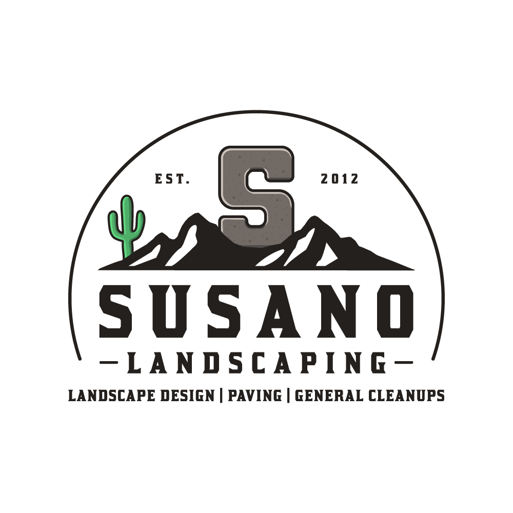 Logo for Susano Landscaping featuring a cactus, mountains, and text "Established 2012," "Landscape Design," "Paving," "General Cleanups."