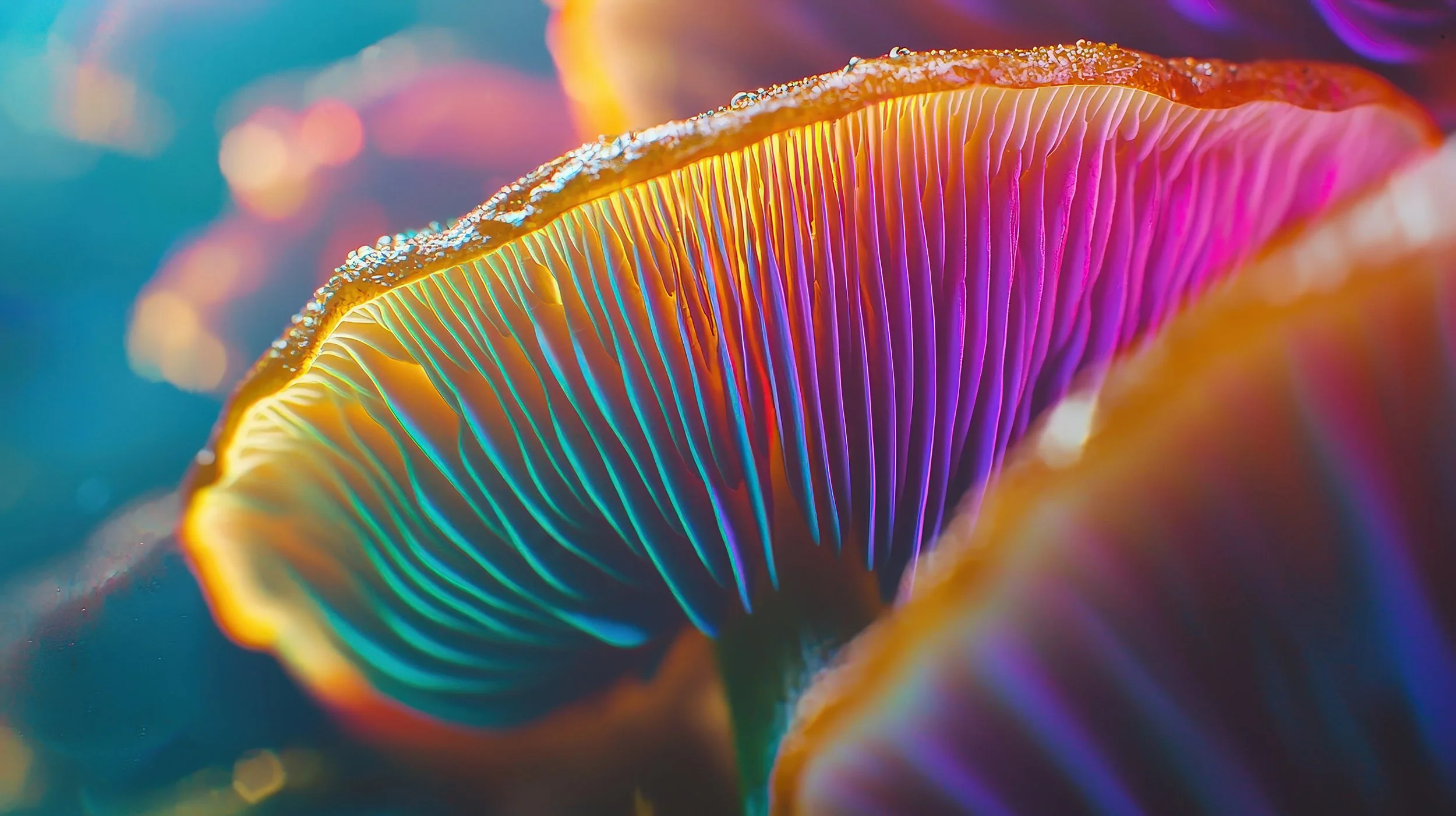 Close-up of a rainbow-colored mushroom symbolizing queerness, emergence, and transformation. A metaphor for healing in relationship and reclaiming belonging.