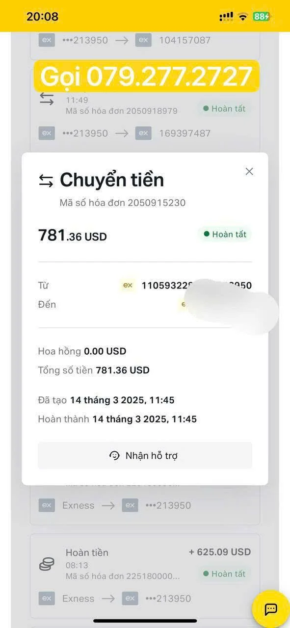 Screenshot of a bank transfer confirmation showing a transfer of 781.36 USD to a phone number ending in 2727, with the date and time of completion on March 14, 2025, at 11:45.