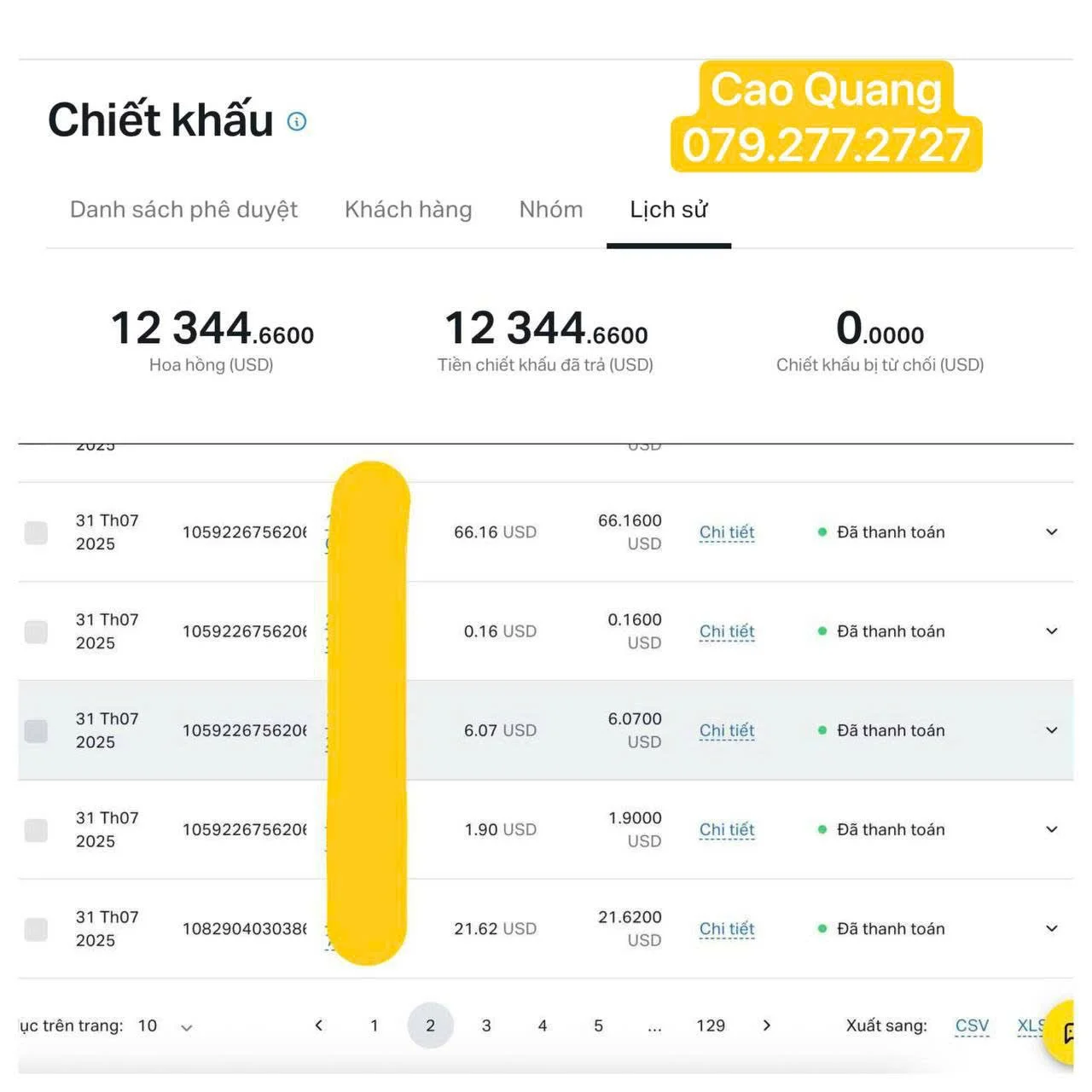 Screenshot of a Vietnamese webpage showing a payment or transaction history, with columns for date, ID, and amounts in USD, and a yellow label with contact information for Cao Quang.