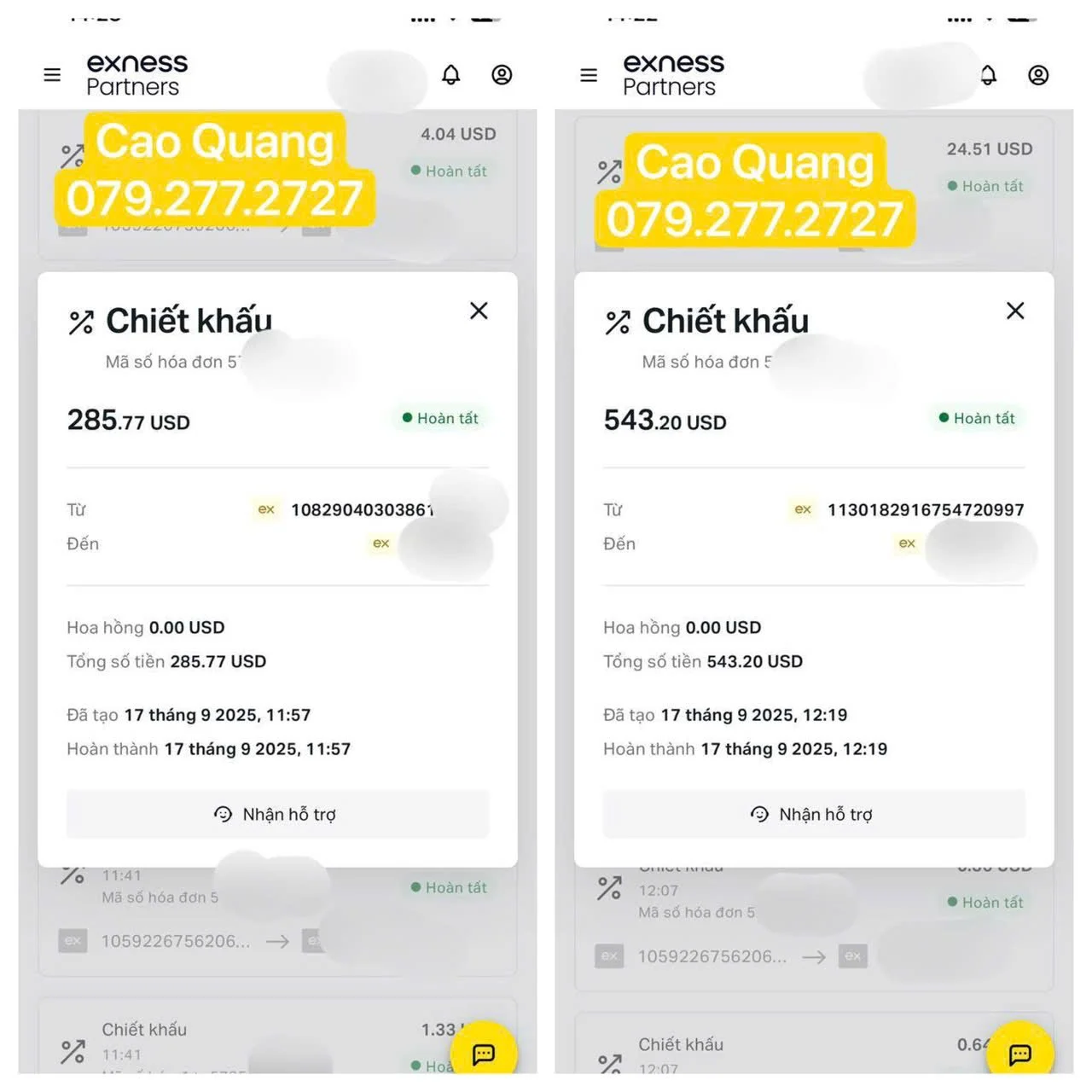 Screenshots of financial transaction records showing the name Cao Quang and the phone number 079.277.2727. The left screenshot displays a payment of 285.77 USD, and the right screenshot shows a payment of 543.20 USD. Both timestamps are from September 17, 2025, with the right screenshot showing a later time.
