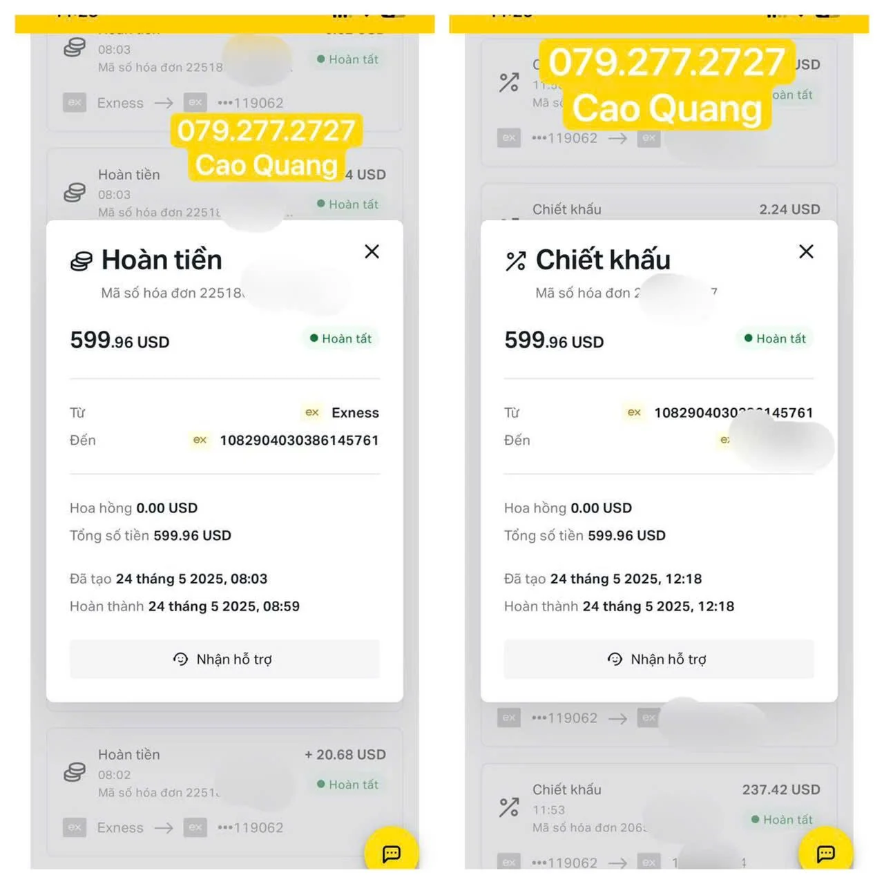 Screenshots of a mobile banking app showing a transaction history on the left and a discount receipt on the right, both with highlighted phone number 079.277.2727 and the name Cao Quang.