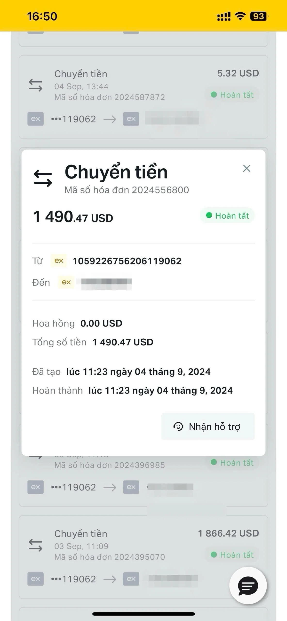 Screenshot of a mobile banking app showing international money transfers, with transaction details including dates, times, amounts, and statuses.