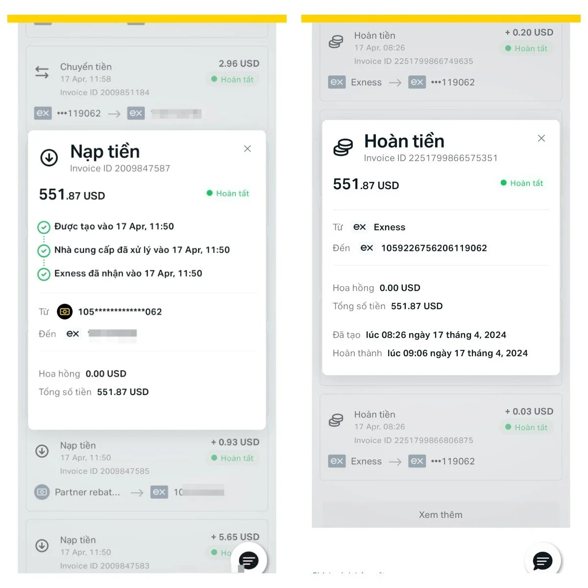 Screenshots of mobile banking transactions showing deposits and refunds totaling around 551 USD for an e-wallet, with timestamps and transaction details.
