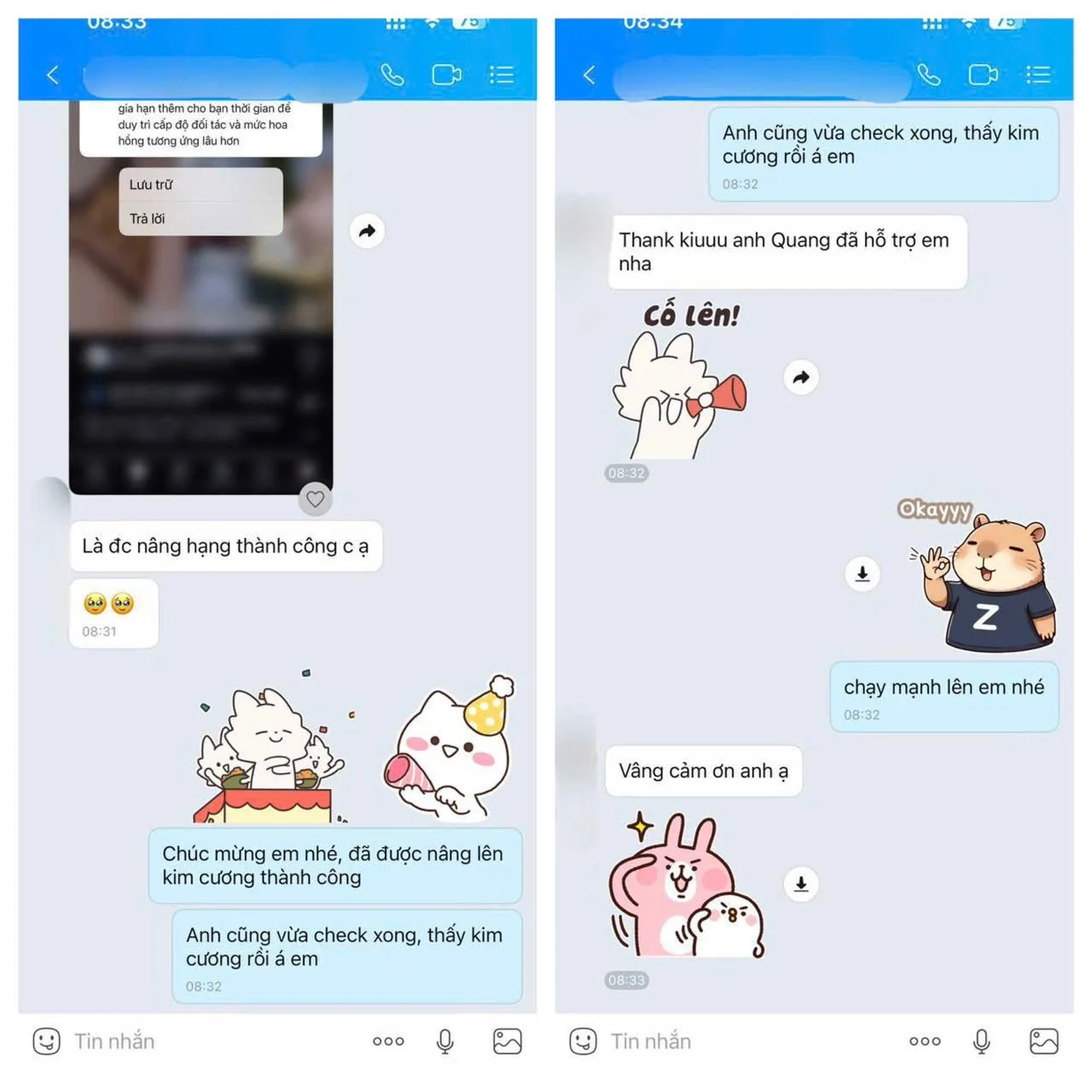 Screenshots of a text message conversation in Vietnamese with animated stickers of cats, rabbits, and a bear supporting the conversation.