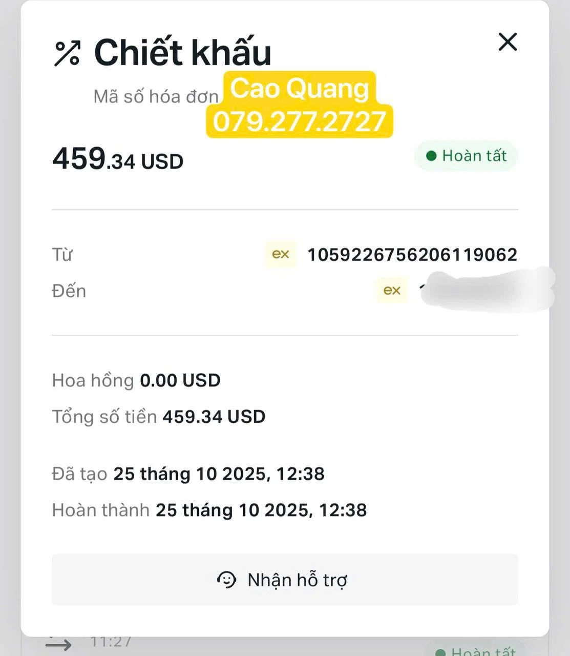 Digital receipt showing a total of 459.34 USD, issued on October 25, 2025, at 12:38, with the sender named Cao Quang and phone number 079.277.2727.